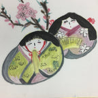 Japanese Art Board Vtg Shikishi Paper Hand Drawn Picture Round Hina Doll A395