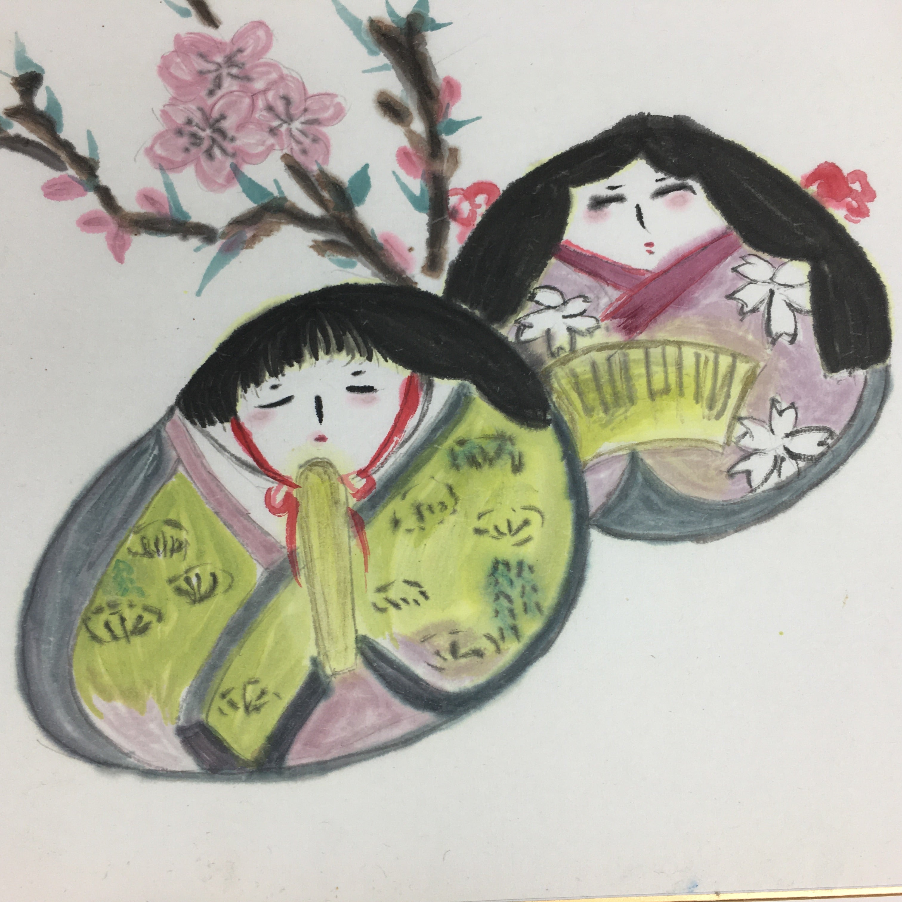 Japanese Art Board Vtg Shikishi Paper Hand Drawn Picture Round Hina Doll A395