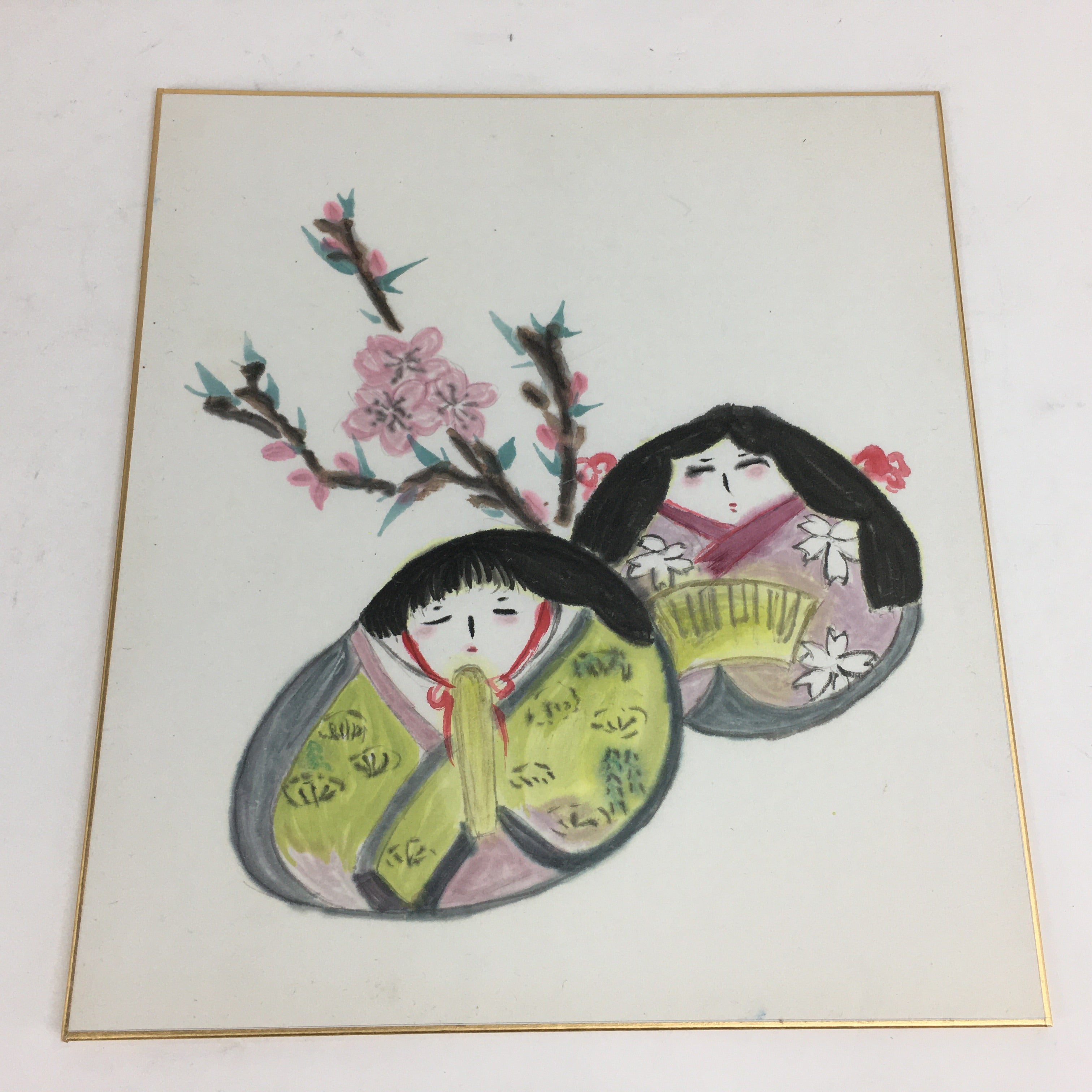 Japanese Art Board Vtg Shikishi Paper Hand Drawn Picture Round Hina Doll A395