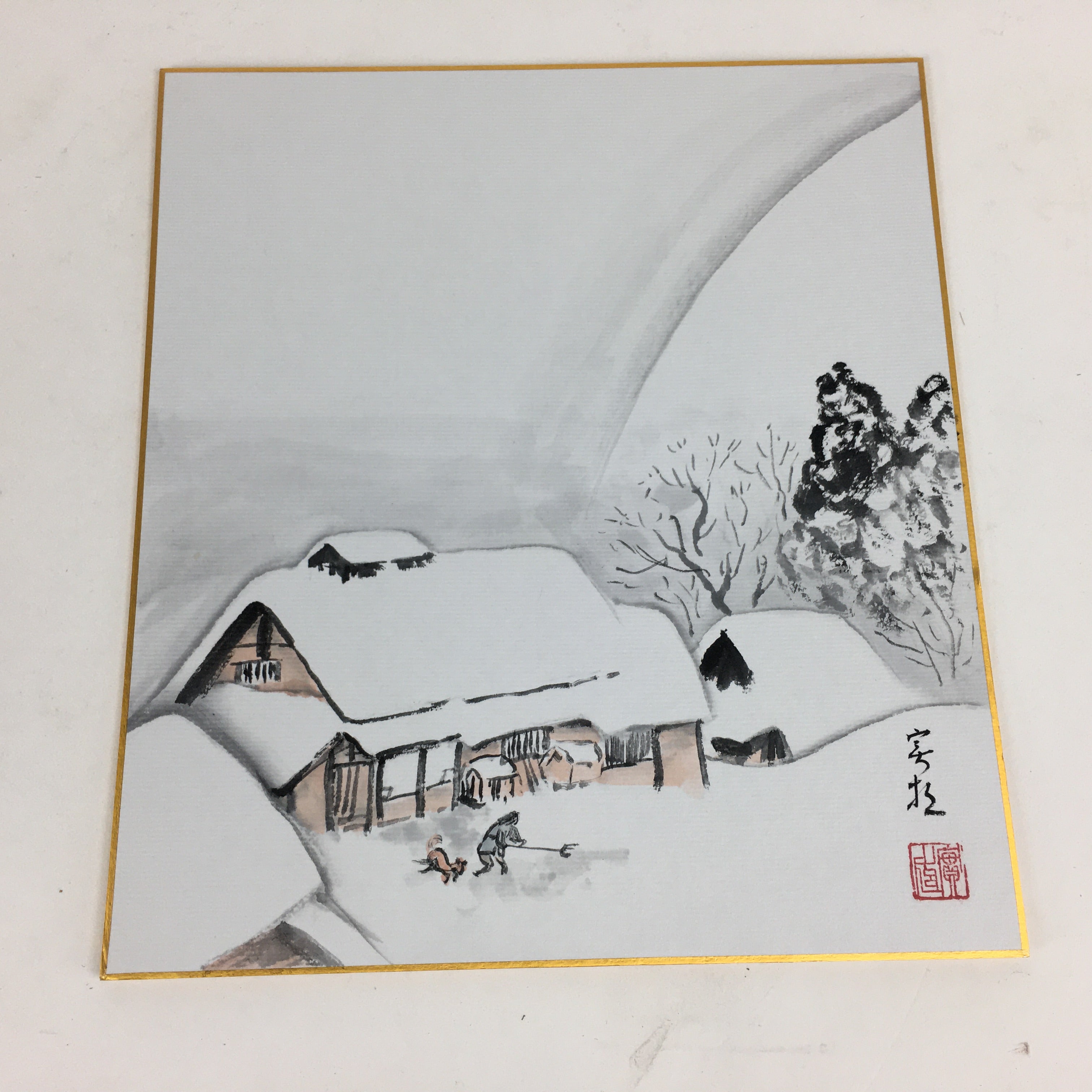 Japanese Art Board Vtg Shikishi Paper Hand Drawn Picture Snow Scenery A354