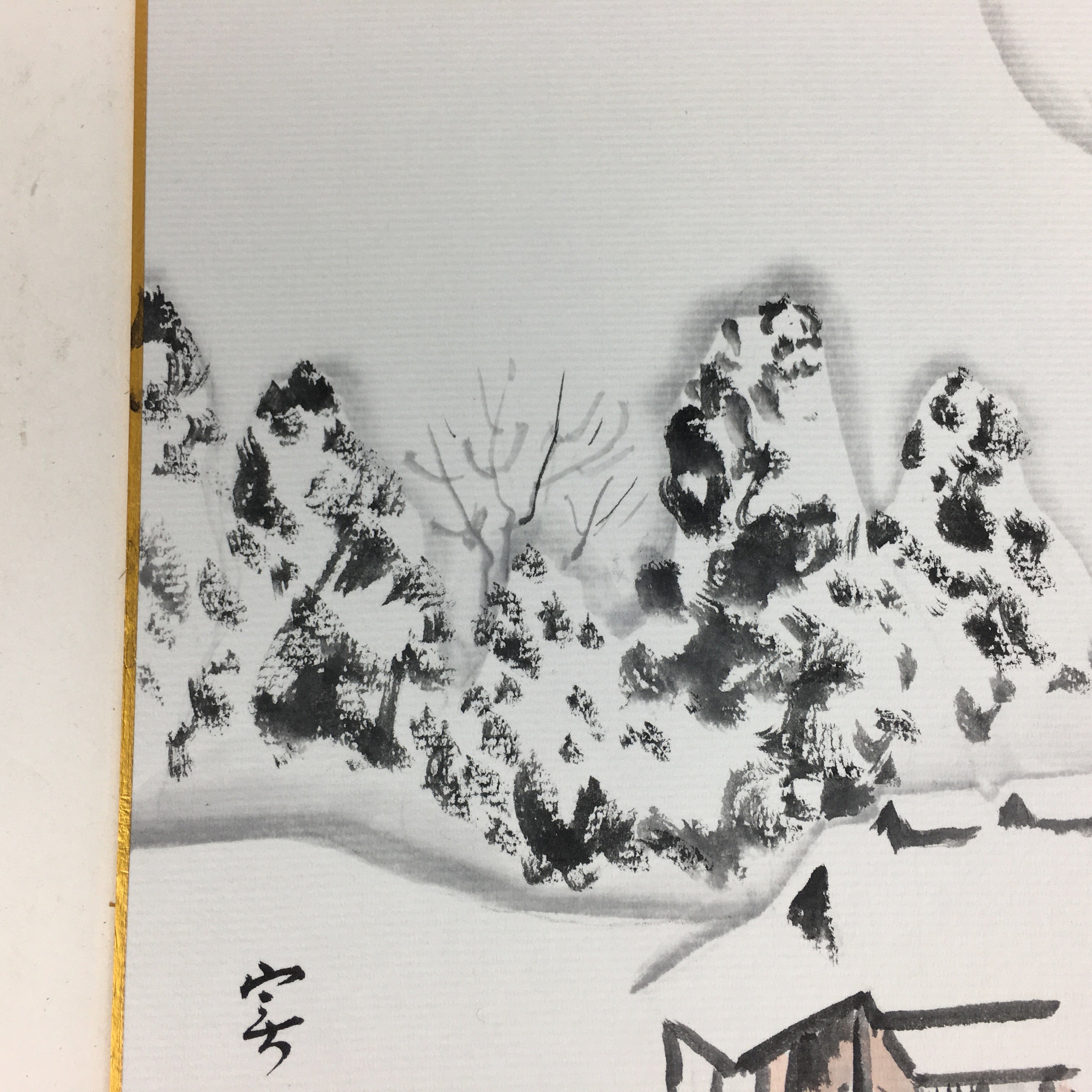 Japanese Art Board Vtg Shikishi Paper Hand Drawn Picture Snow Scenery A355
