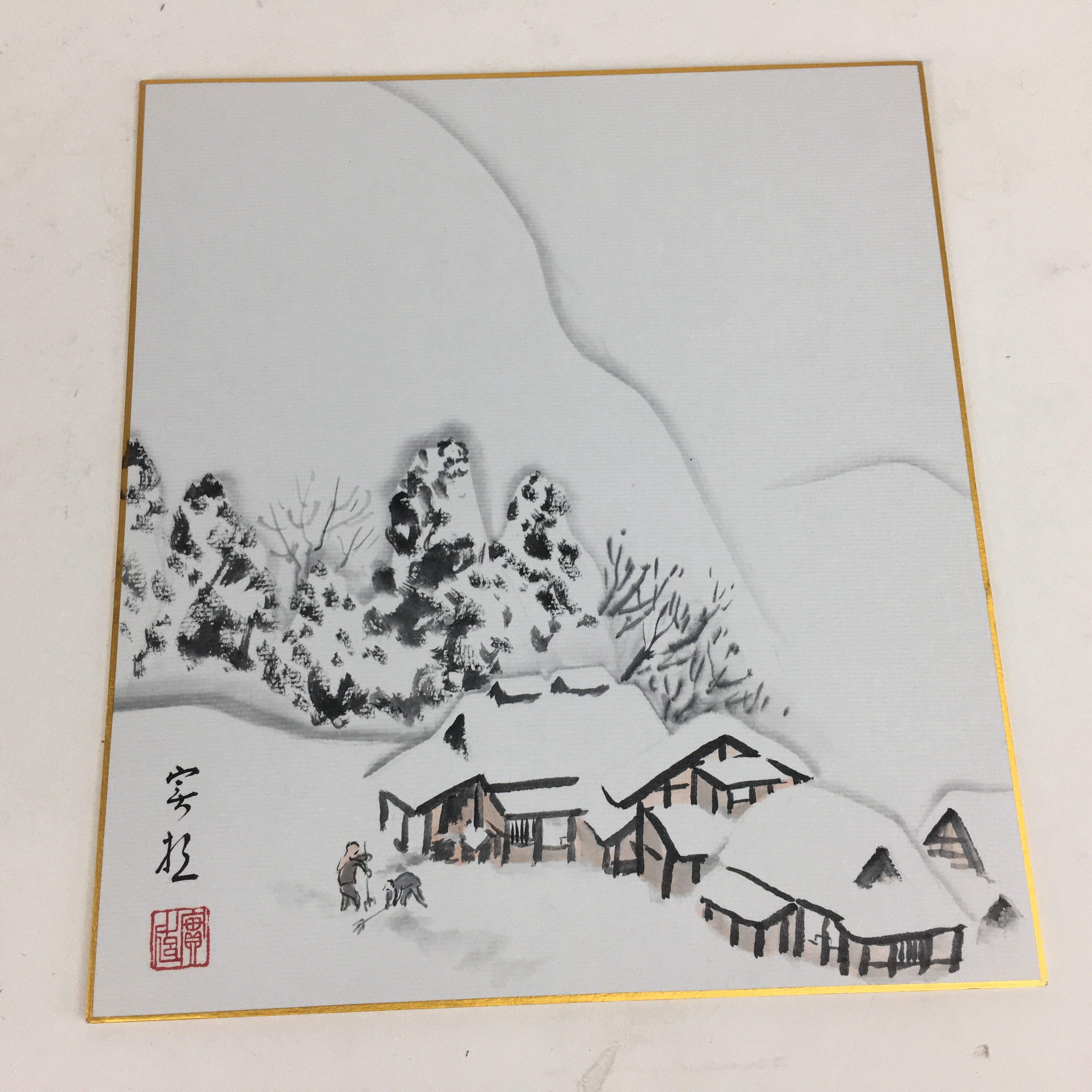 Japanese Art Board Vtg Shikishi Paper Hand Drawn Picture Snow Scenery A355