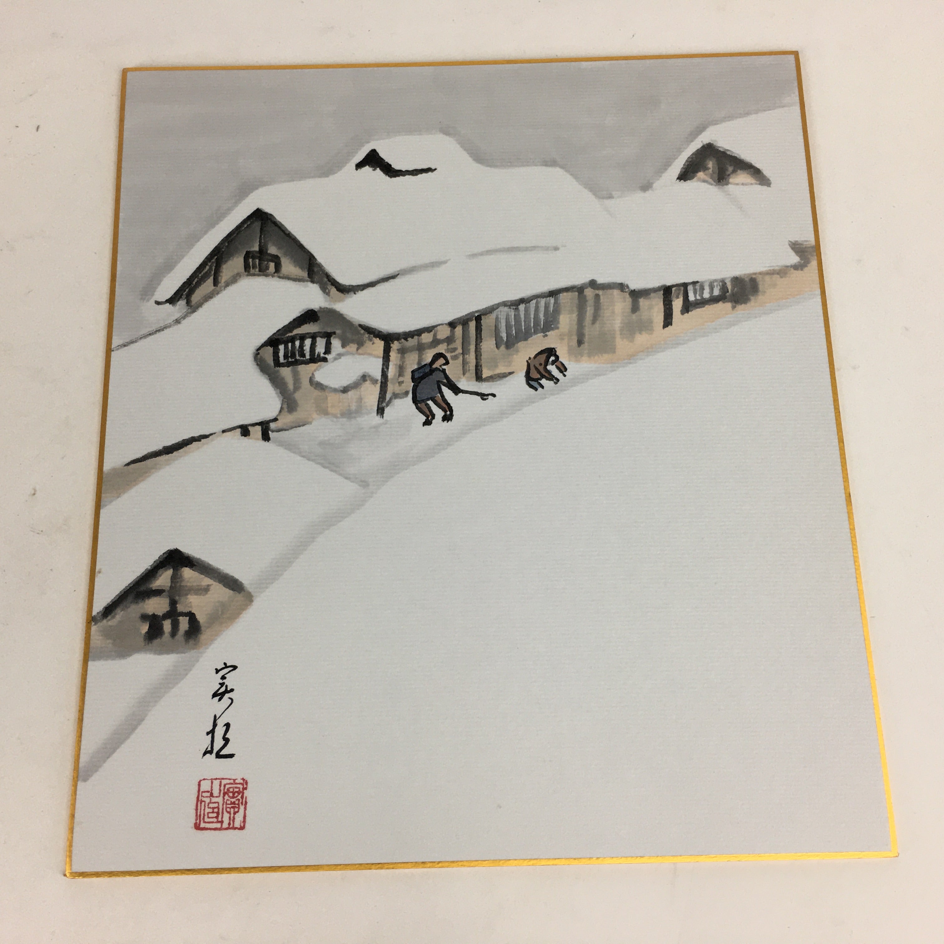 Japanese Art Board Vtg Shikishi Paper Hand Drawn Picture Snow Scenery A356