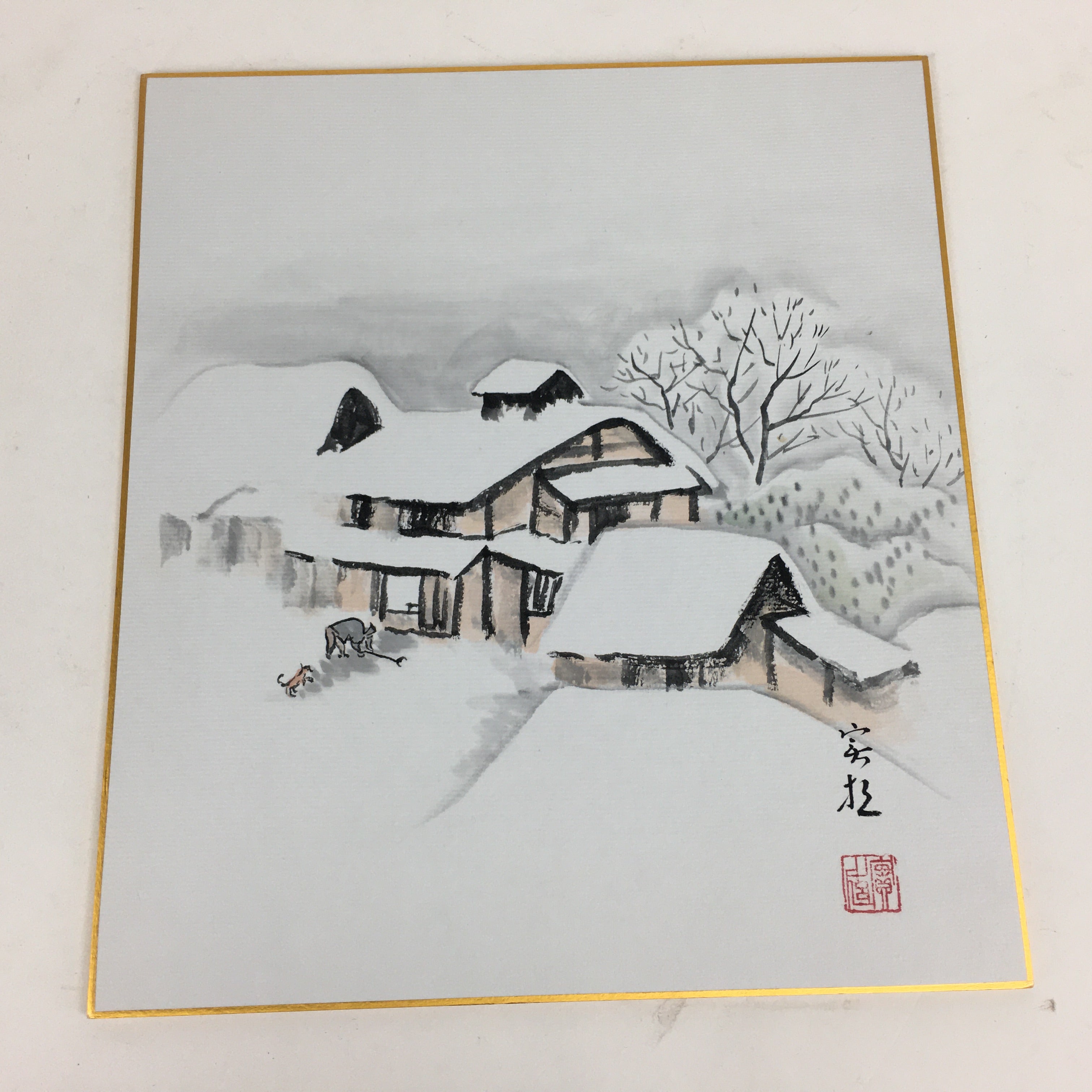 Japanese Art Board Vtg Shikishi Paper Hand Drawn Picture Snow Scenery A357