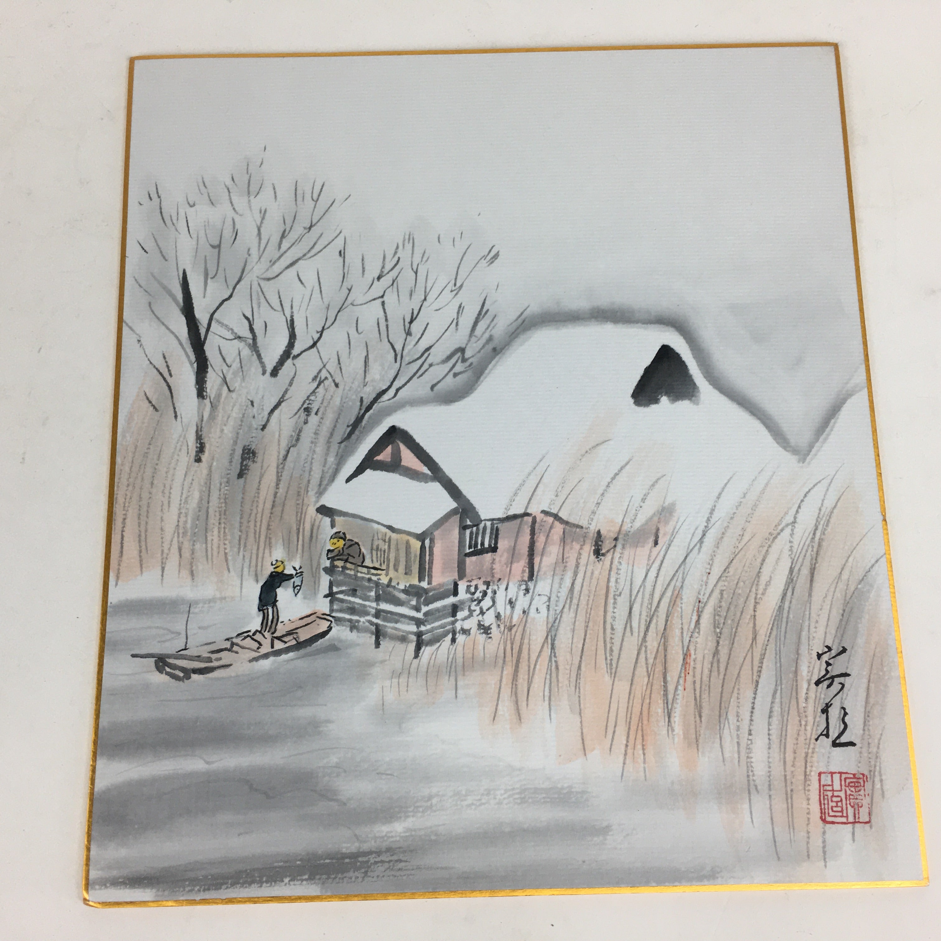 Japanese Art Board Vtg Shikishi Paper Hand Drawn Picture Snow Scenery A358