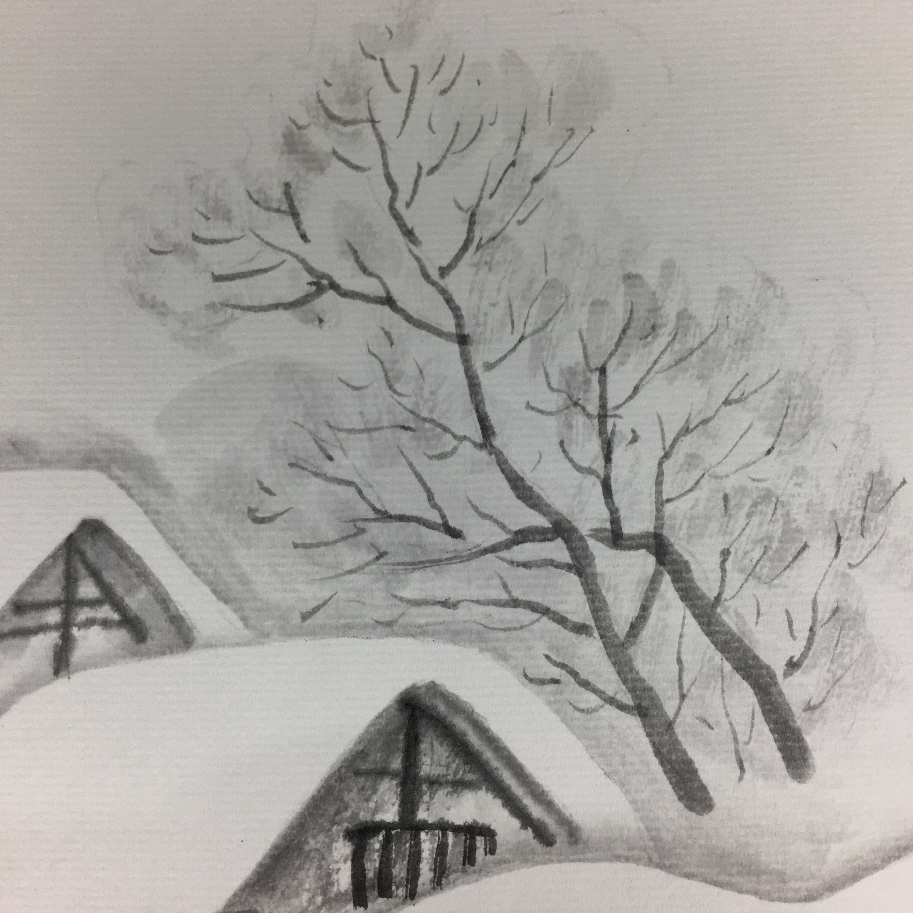 Japanese Art Board Vtg Shikishi Paper Hand Drawn Picture Snow Scenery A365