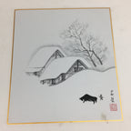 Japanese Art Board Vtg Shikishi Paper Hand Drawn Picture Snow Scenery A365