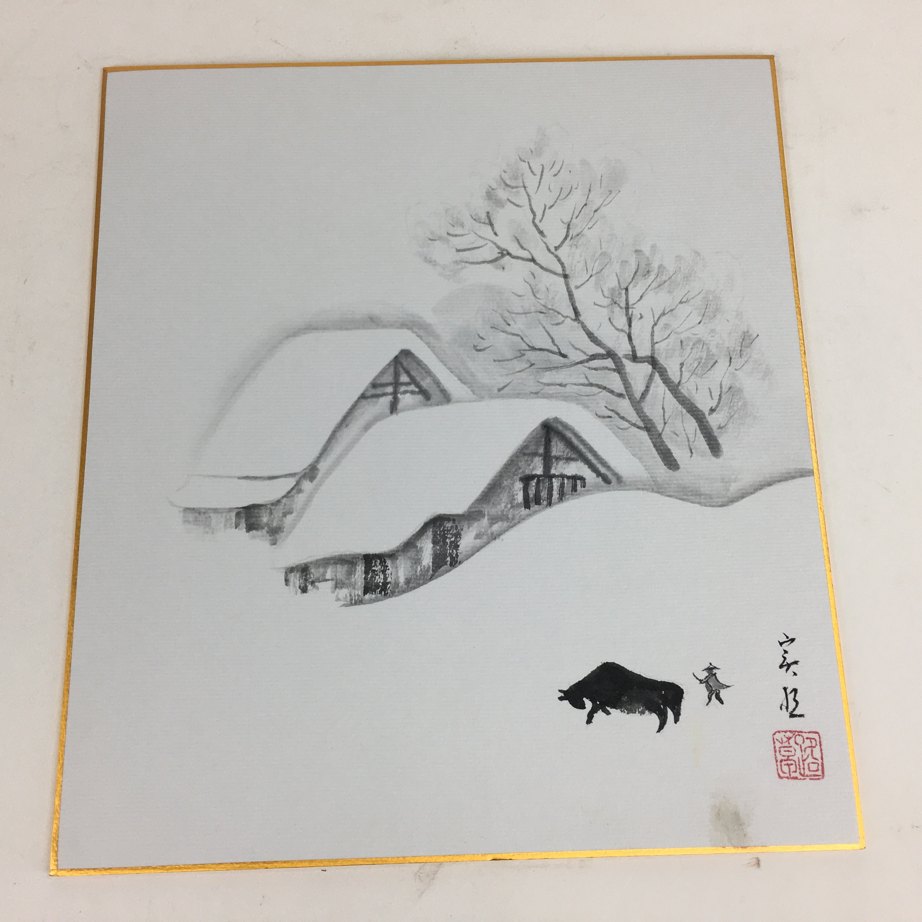 Japanese Art Board Vtg Shikishi Paper Hand Drawn Picture Snow Scenery A365