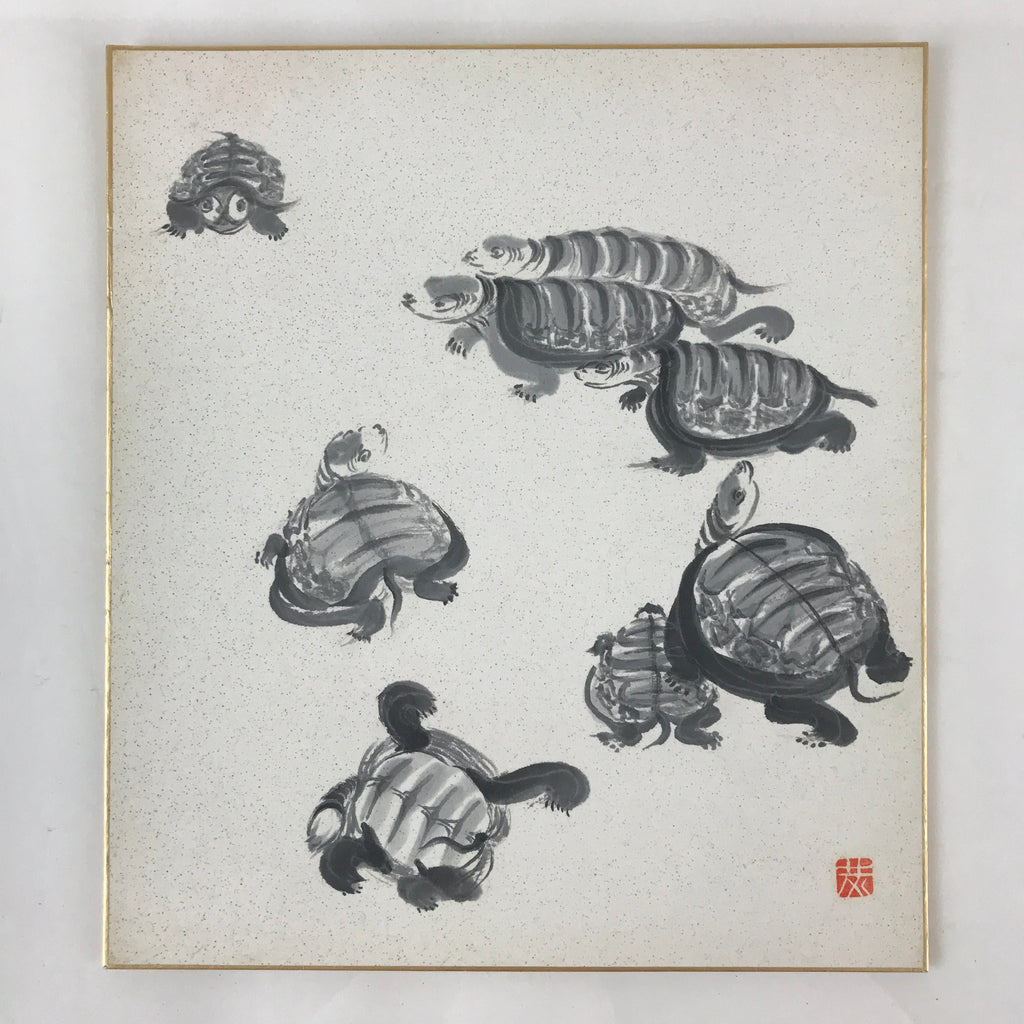 Japanese Art Board Vtg Shikishi Paper Hand Drawn Picture Turtles A454