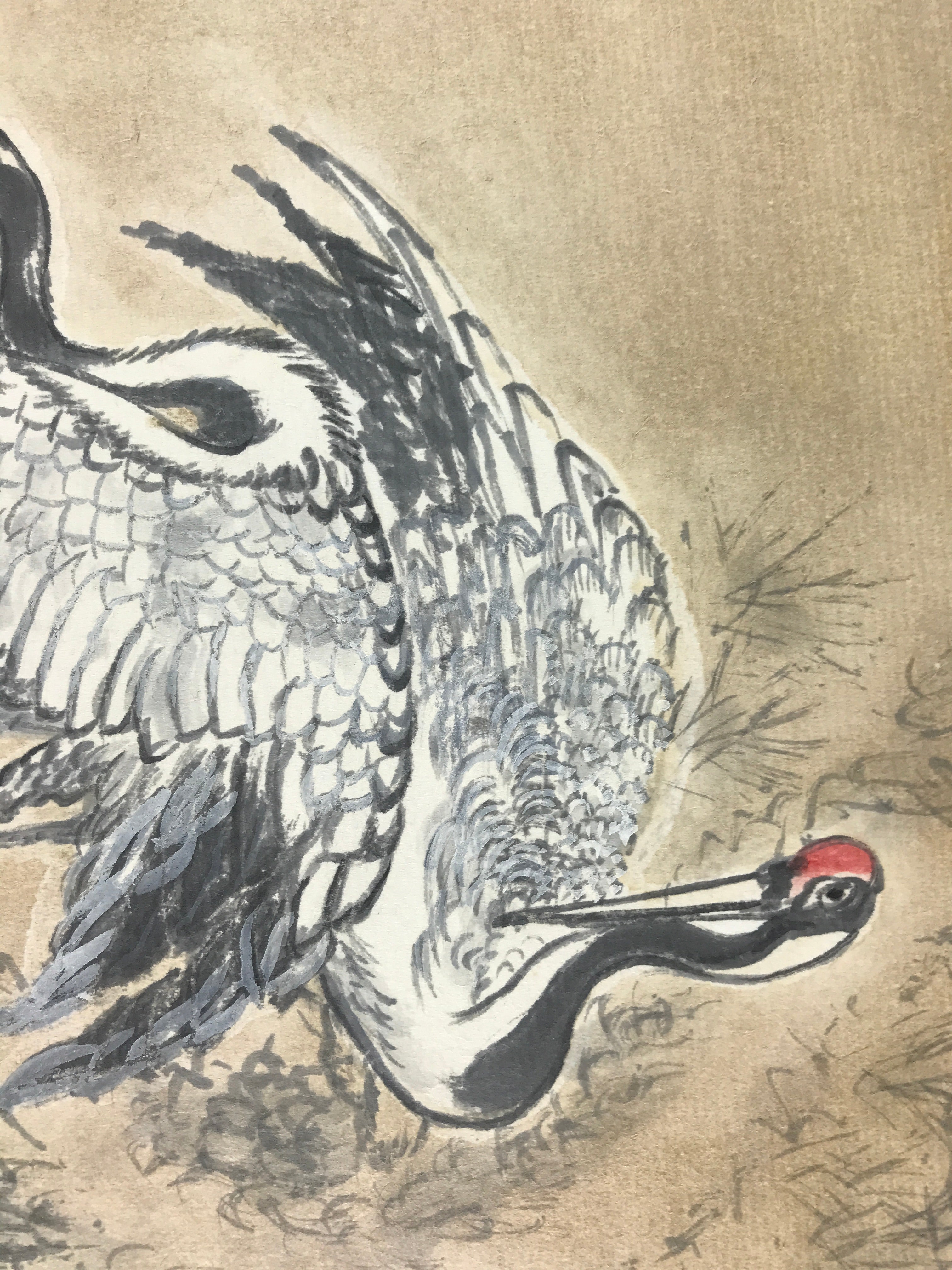 Japanese Art Board Vtg Shikishi Paper Hand Drawn Picture Two Cranes A453