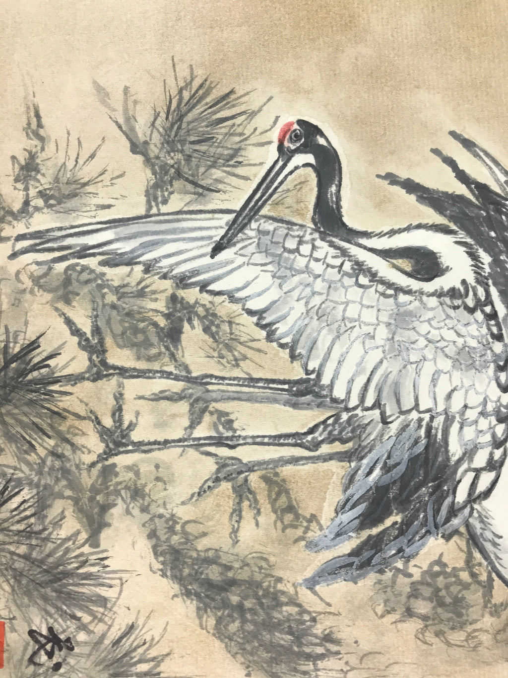 Japanese Art Board Vtg Shikishi Paper Hand Drawn Picture Two Cranes A453