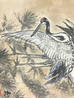 Japanese Art Board Vtg Shikishi Paper Hand Drawn Picture Two Cranes A453