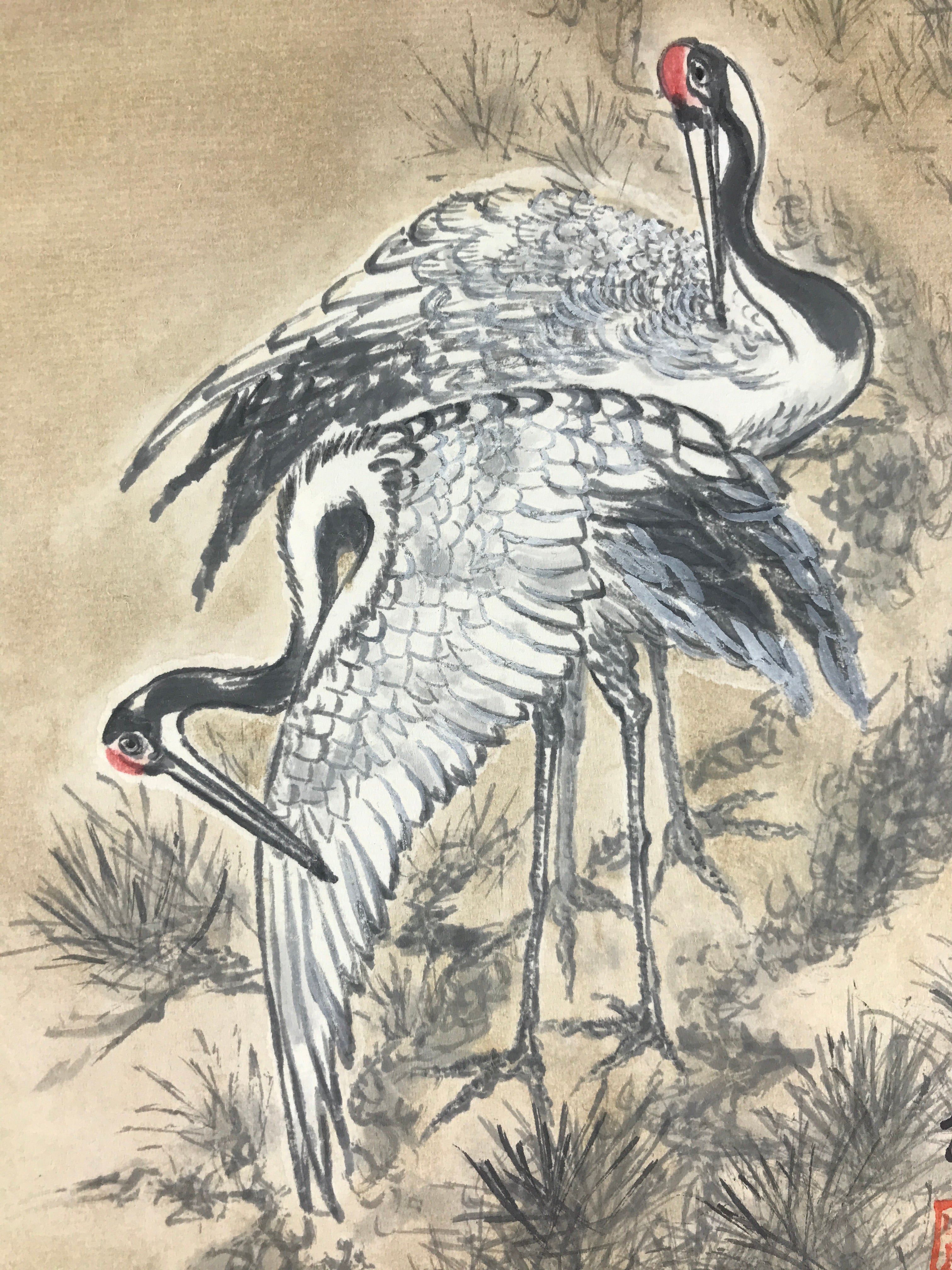 Japanese Art Board Vtg Shikishi Paper Hand Drawn Picture Two Cranes A453