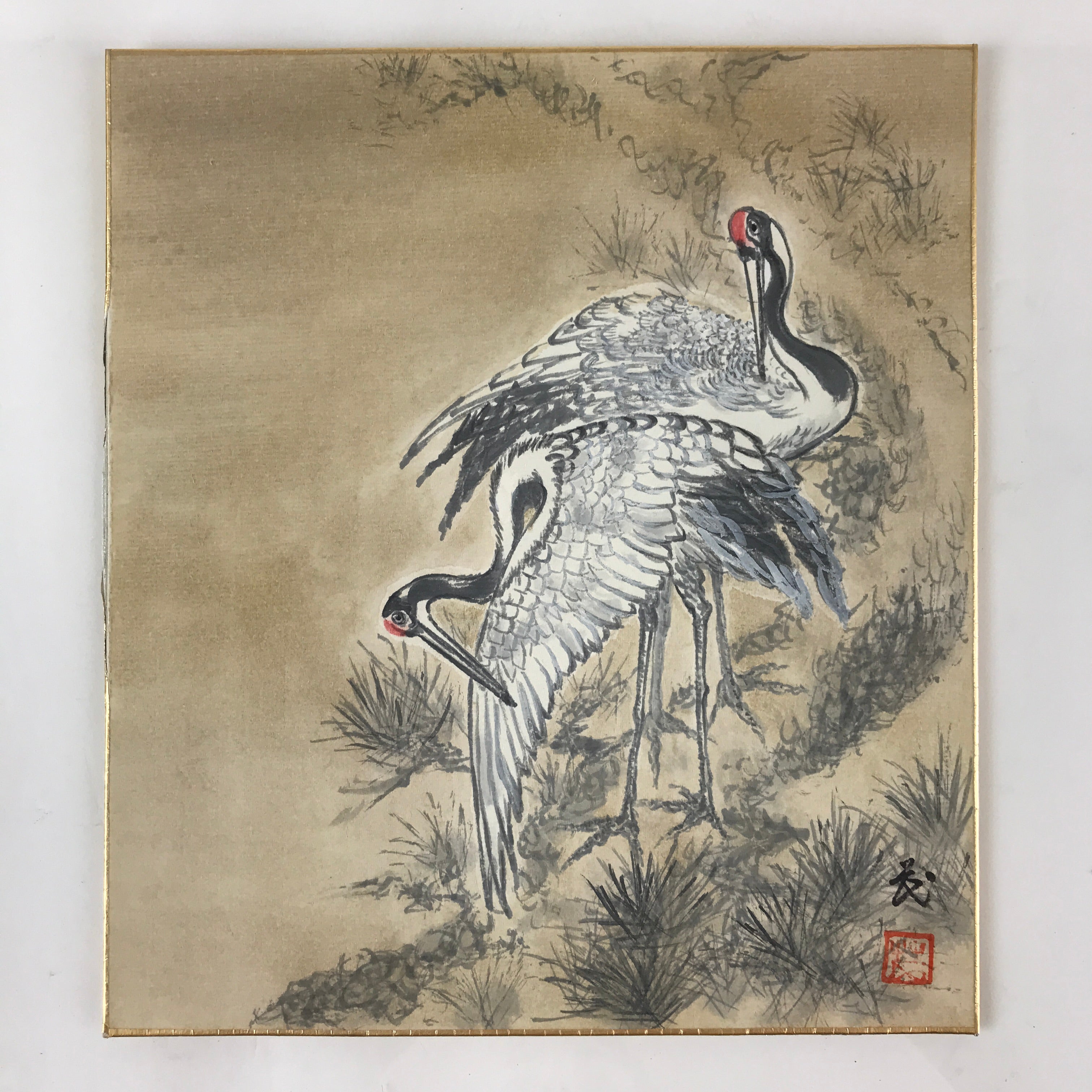 Japanese Art Board Vtg Shikishi Paper Hand Drawn Picture Two Cranes A453