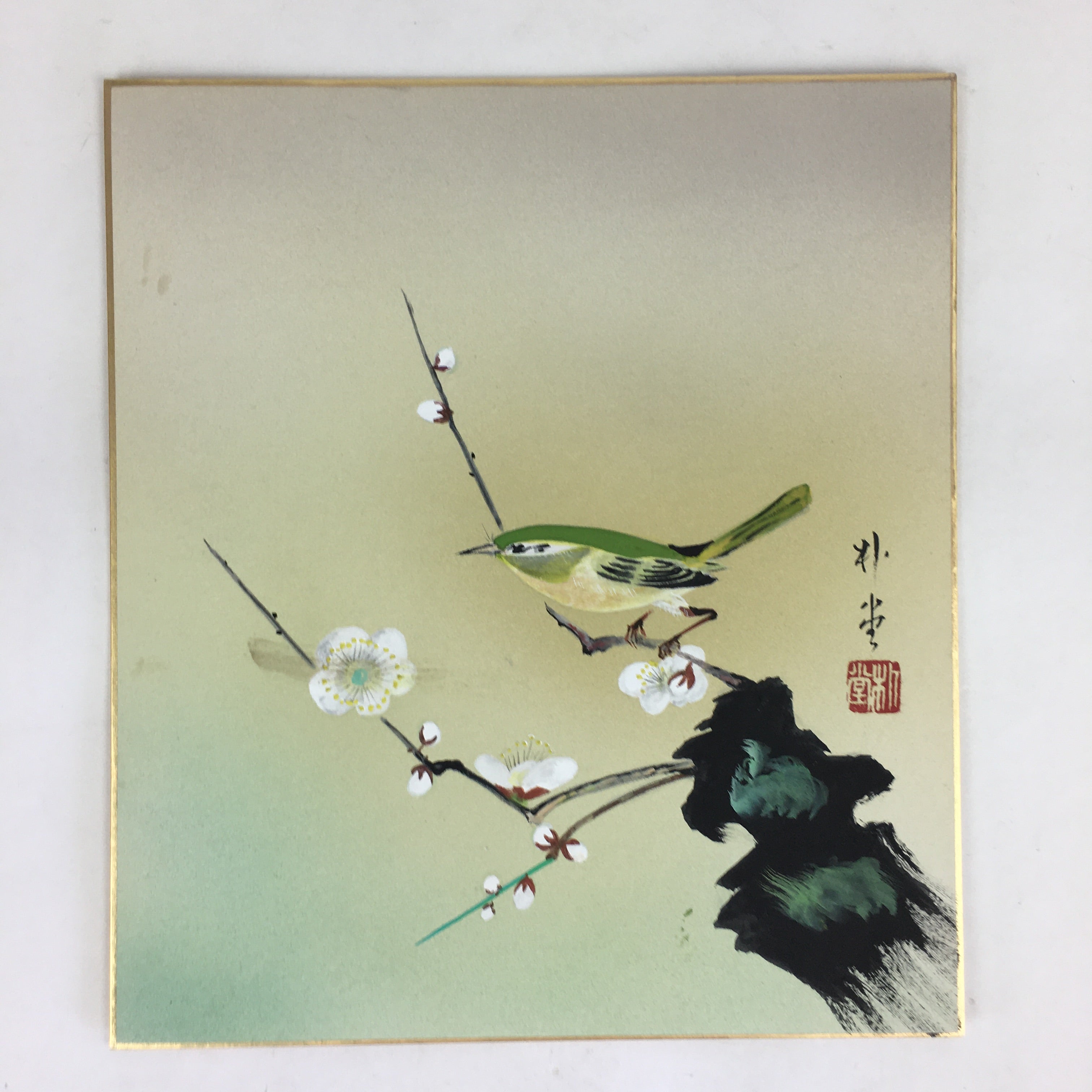 Japanese Art Board Vtg Shikishi Paper Hand Drawn Picture Warbler A406