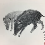 Japanese Art Board Vtg Shikishi Paper Hand Drawn Picture Zodiac Boar A385