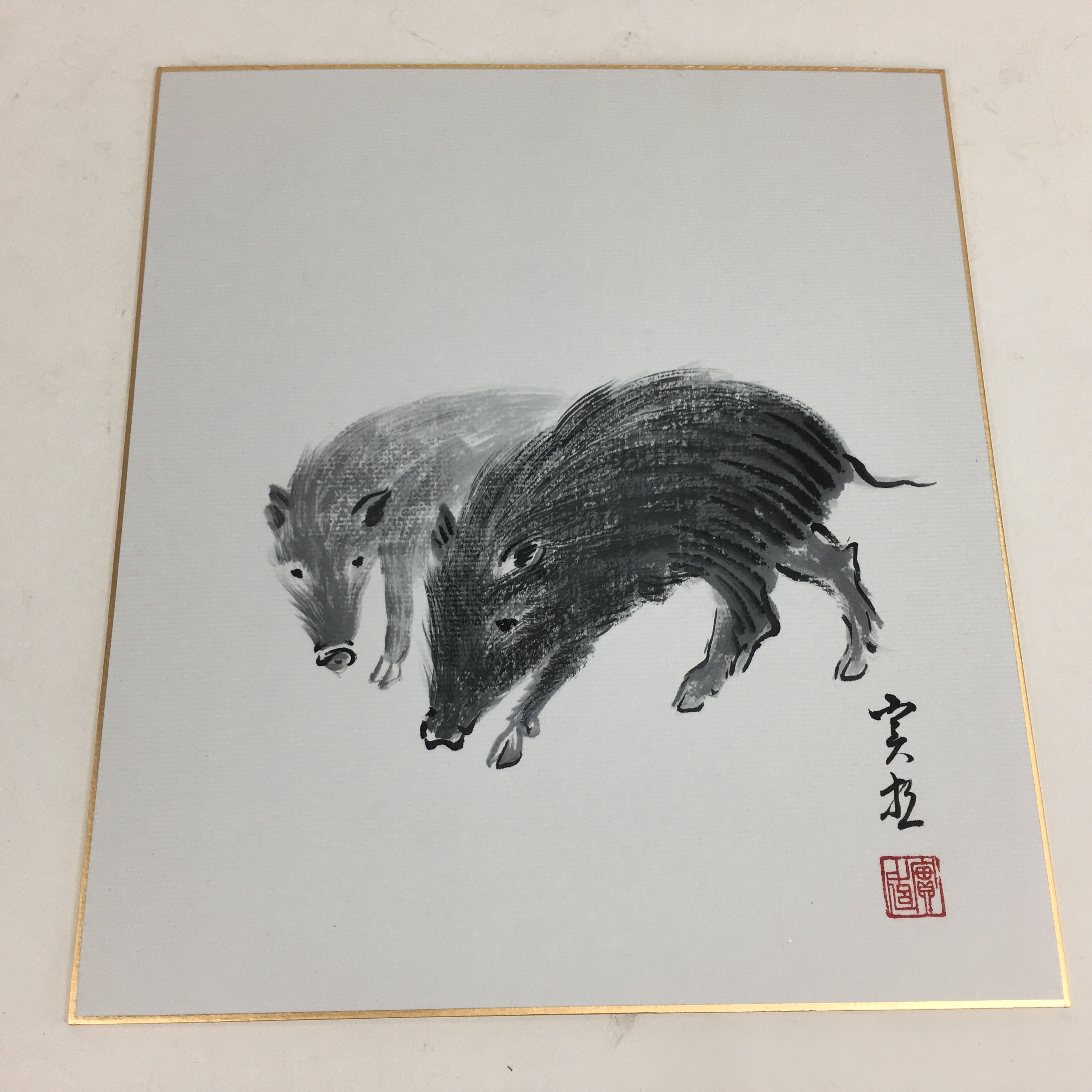 Japanese Art Board Vtg Shikishi Paper Hand Drawn Picture Zodiac Boar A385
