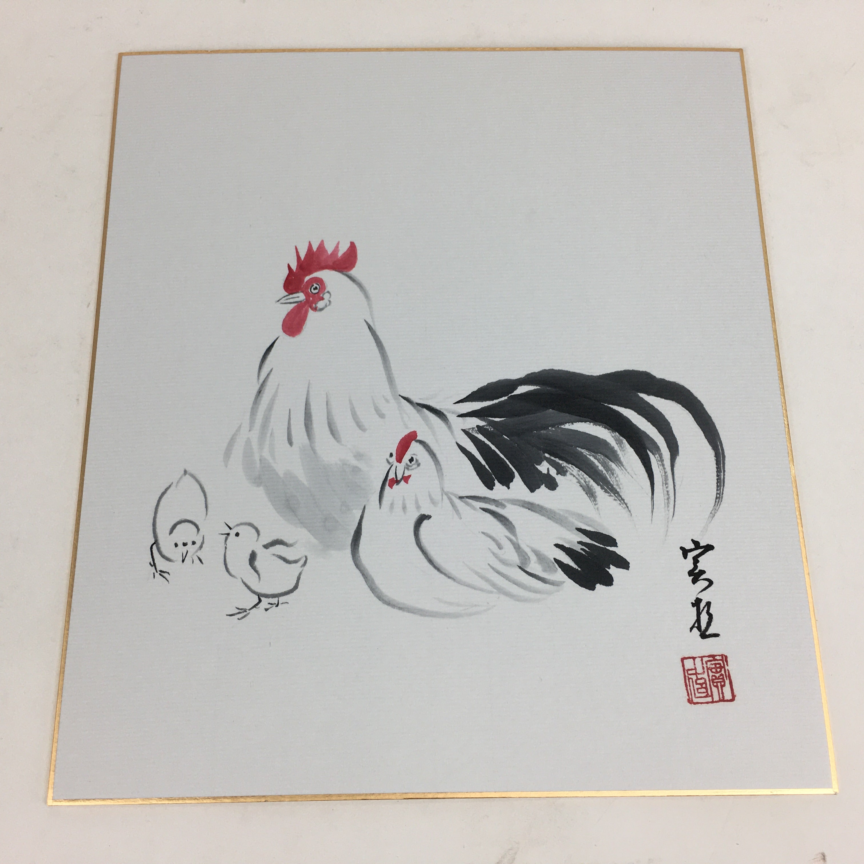 Japanese Art Board Vtg Shikishi Paper Hand Drawn Picture Zodiac Rooster A384