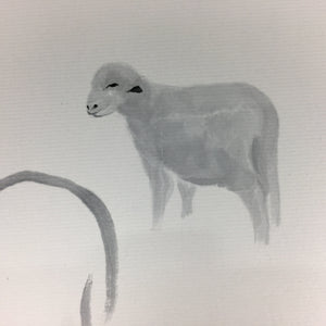 Japanese Art Board Vtg Shikishi Paper Hand Drawn Picture Zodiac Sheep A383