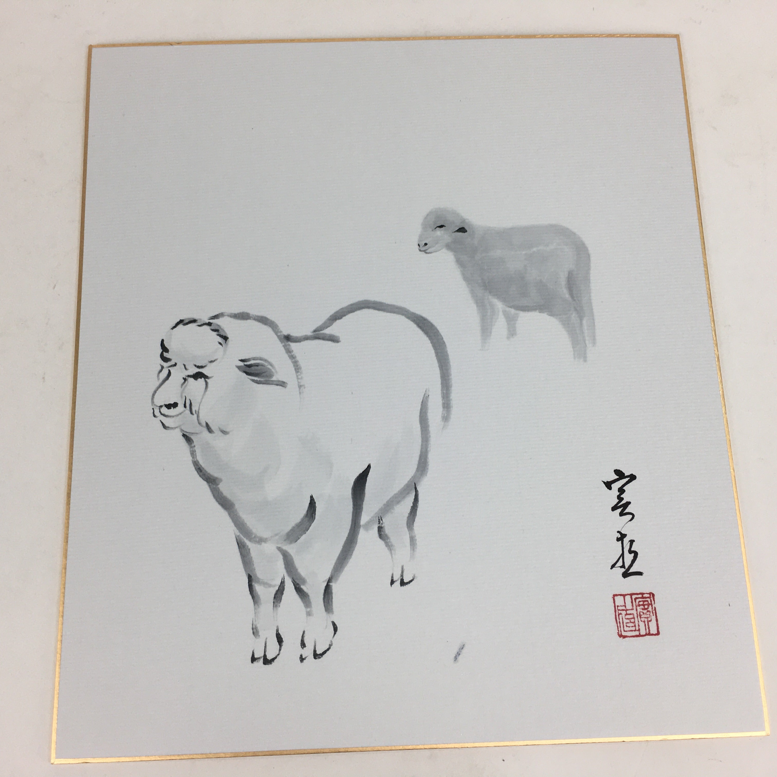 Japanese Art Board Vtg Shikishi Paper Hand Drawn Picture Zodiac Sheep A383