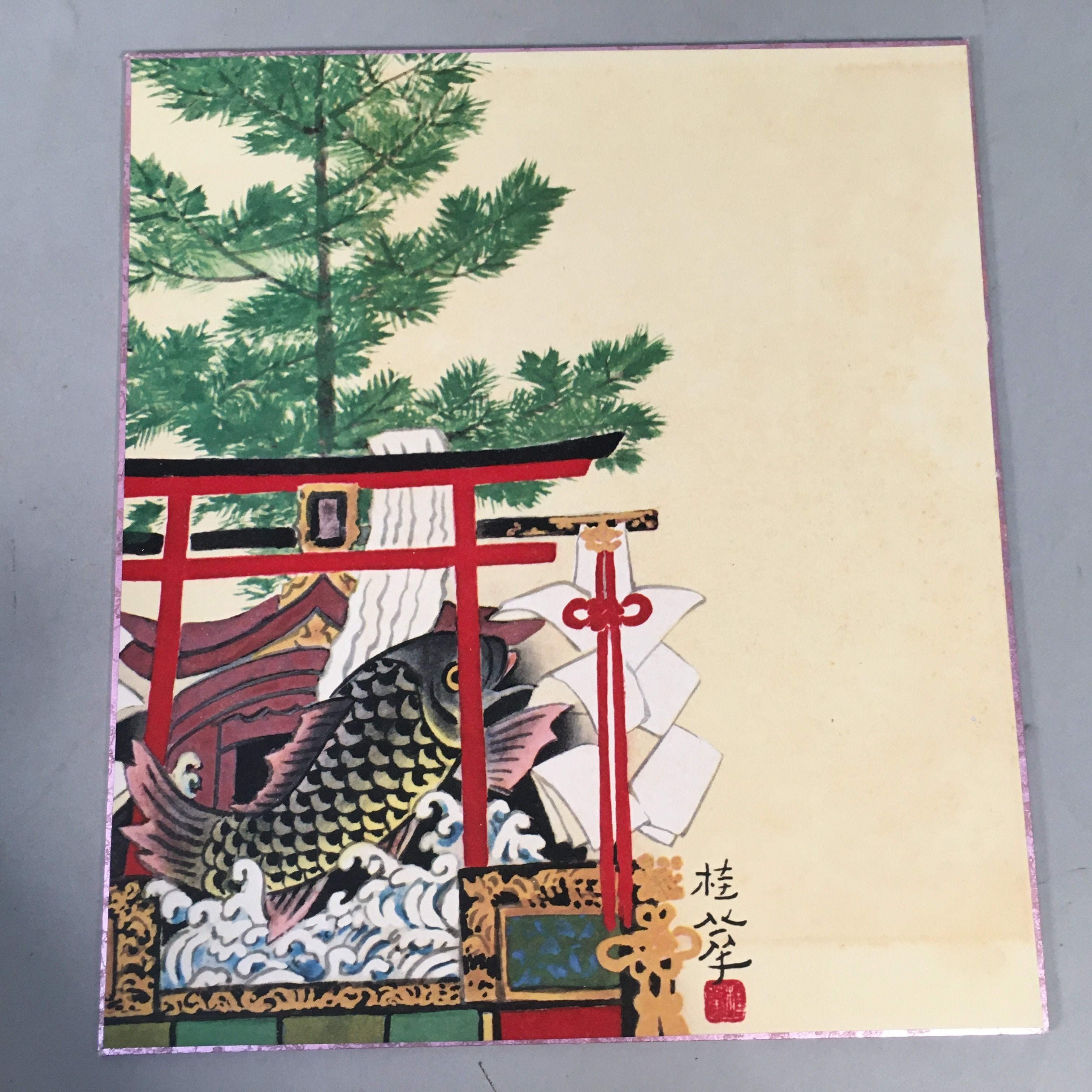 Japanese Art Board Vtg Shikishi Paper Hand-painted Carp Yasaka Shrine Kyoto A294