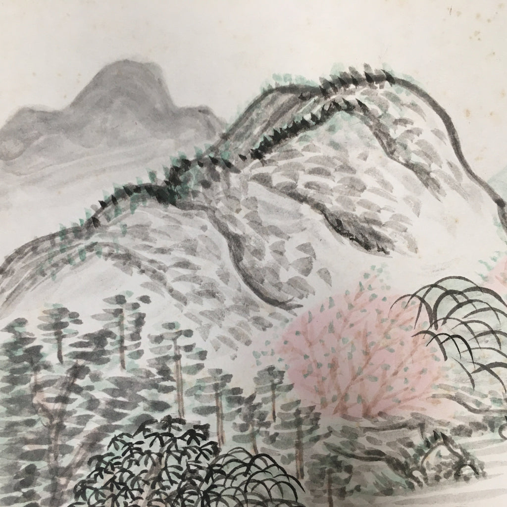 Japanese Art Board Vtg Shikishi Paper Hand-painted Cherry Blossom Mountains A280