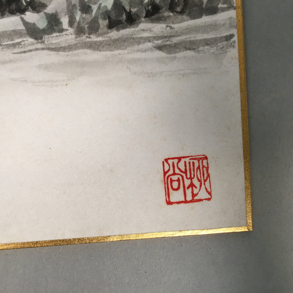 Japanese Art Board Vtg Shikishi Paper Hand-painted Cherry Blossom Mountains A280