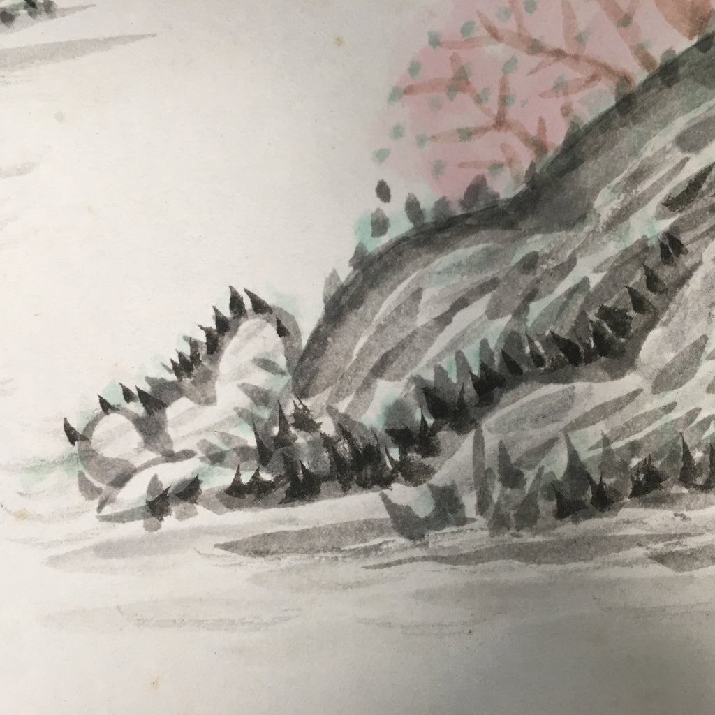 Japanese Art Board Vtg Shikishi Paper Hand-painted Cherry Blossom Mountains A280
