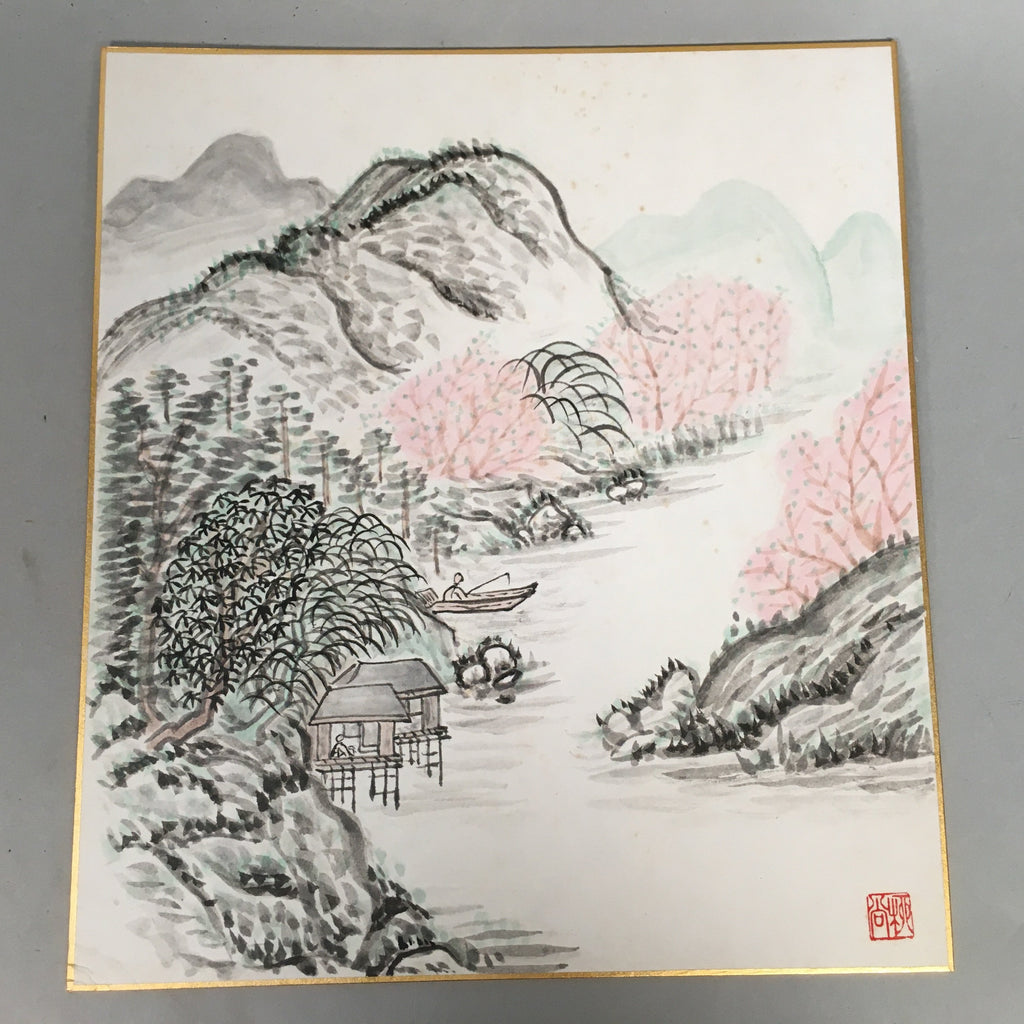 Japanese Art Board Vtg Shikishi Paper Hand-painted Cherry Blossom Mountains A280