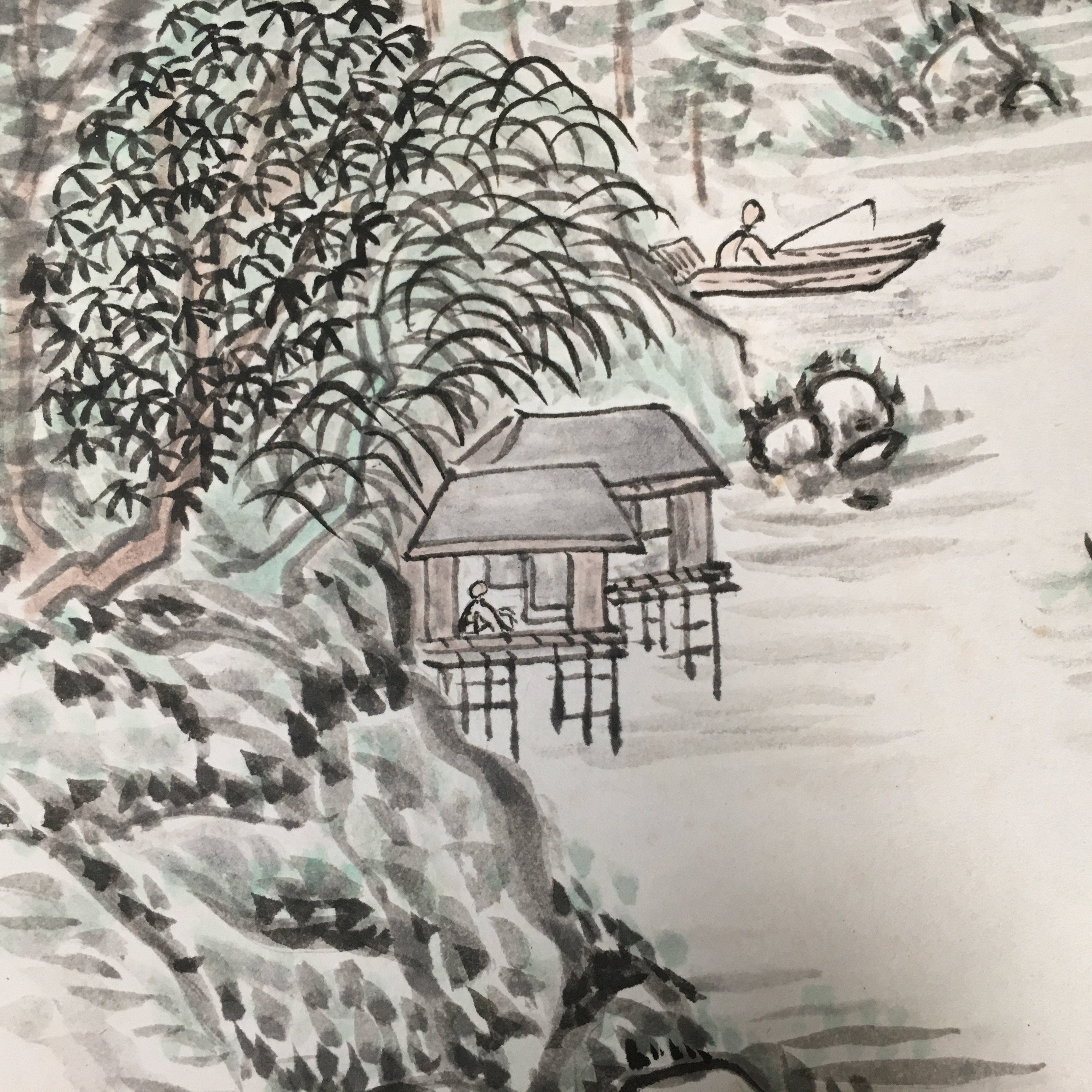 Japanese Art Board Vtg Shikishi Paper Hand-painted Cherry Blossom Mountains A280