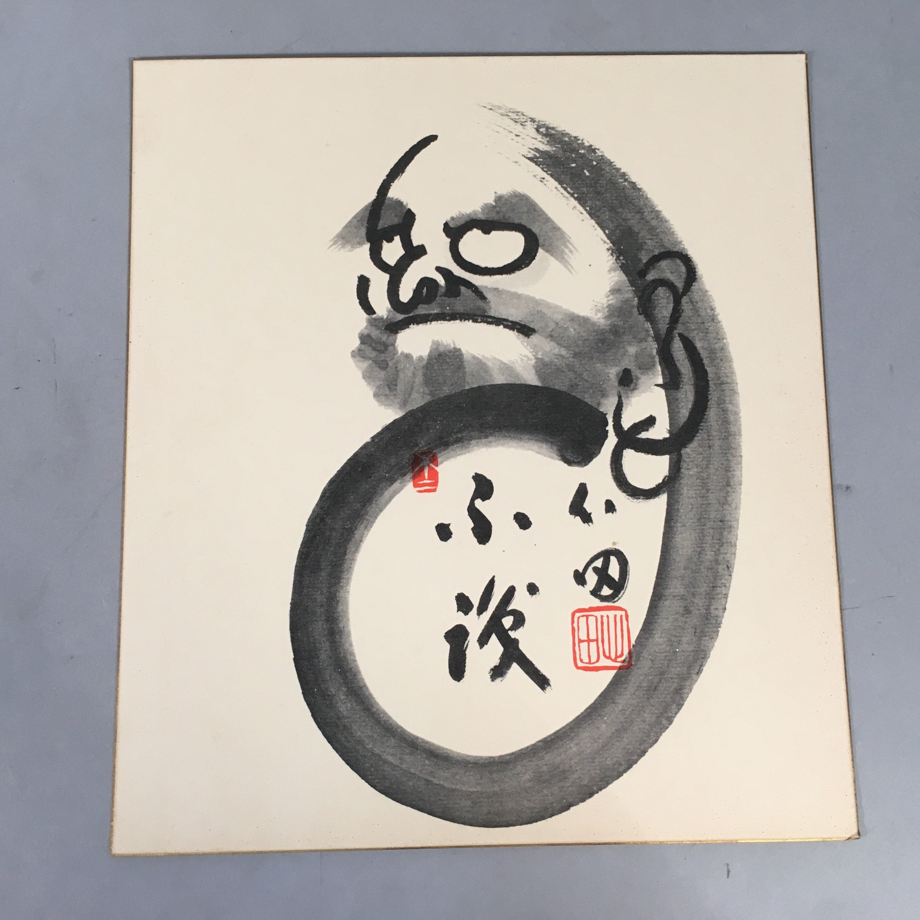 Japanese Art Board Vtg Shikishi Paper Hand-painted Daruma Calligraphy Kanji A310