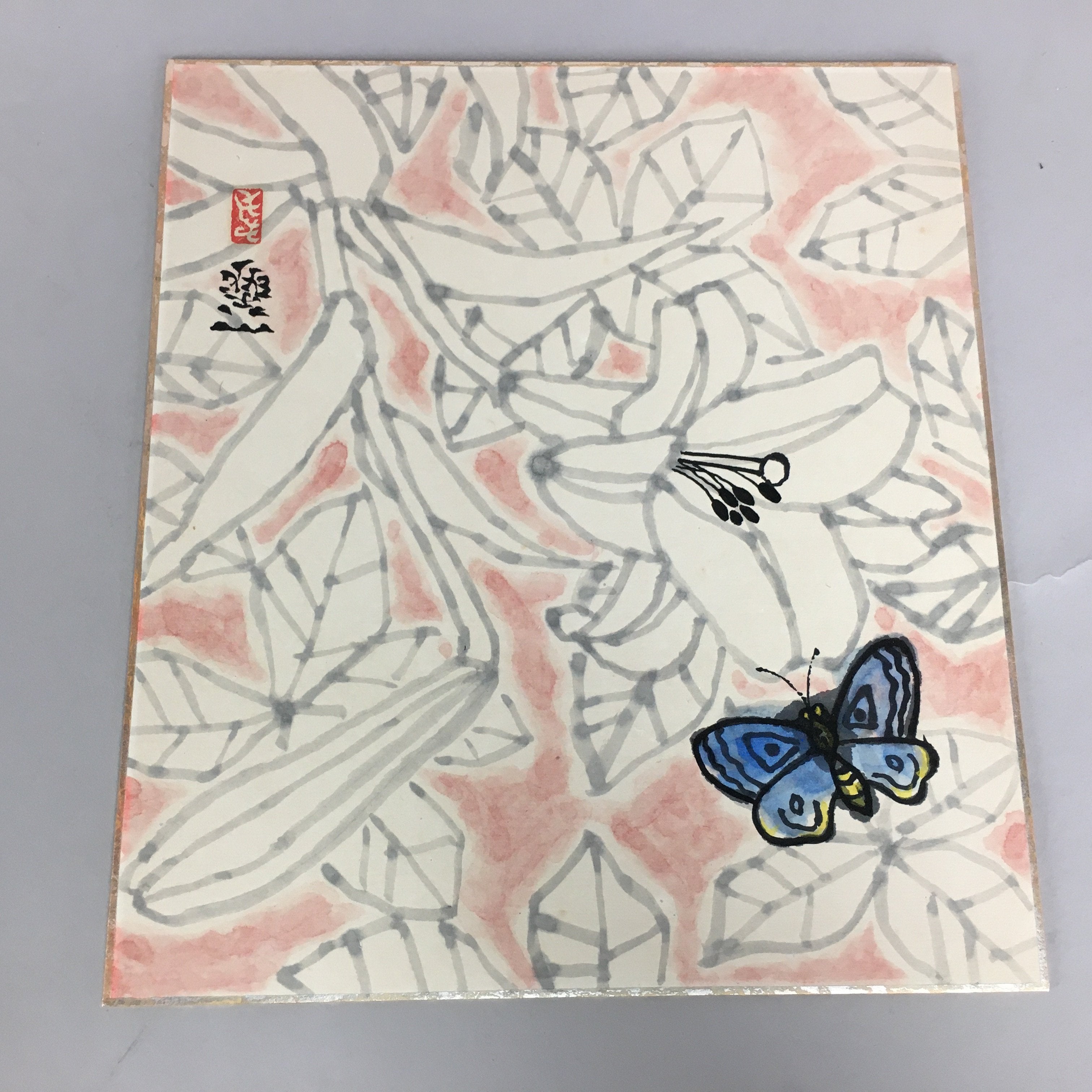 Japanese Art Board Vtg Shikishi Paper Hand-painted Lily Flower Butterfly A326