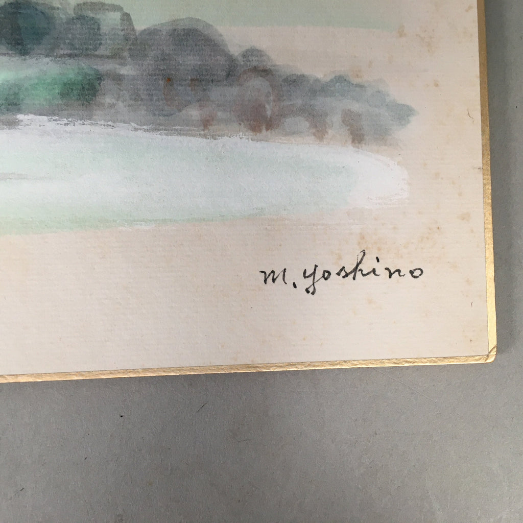 Japanese Art Board Vtg Shikishi Paper Hand-painted Mt.Aso Neko Mountain A291