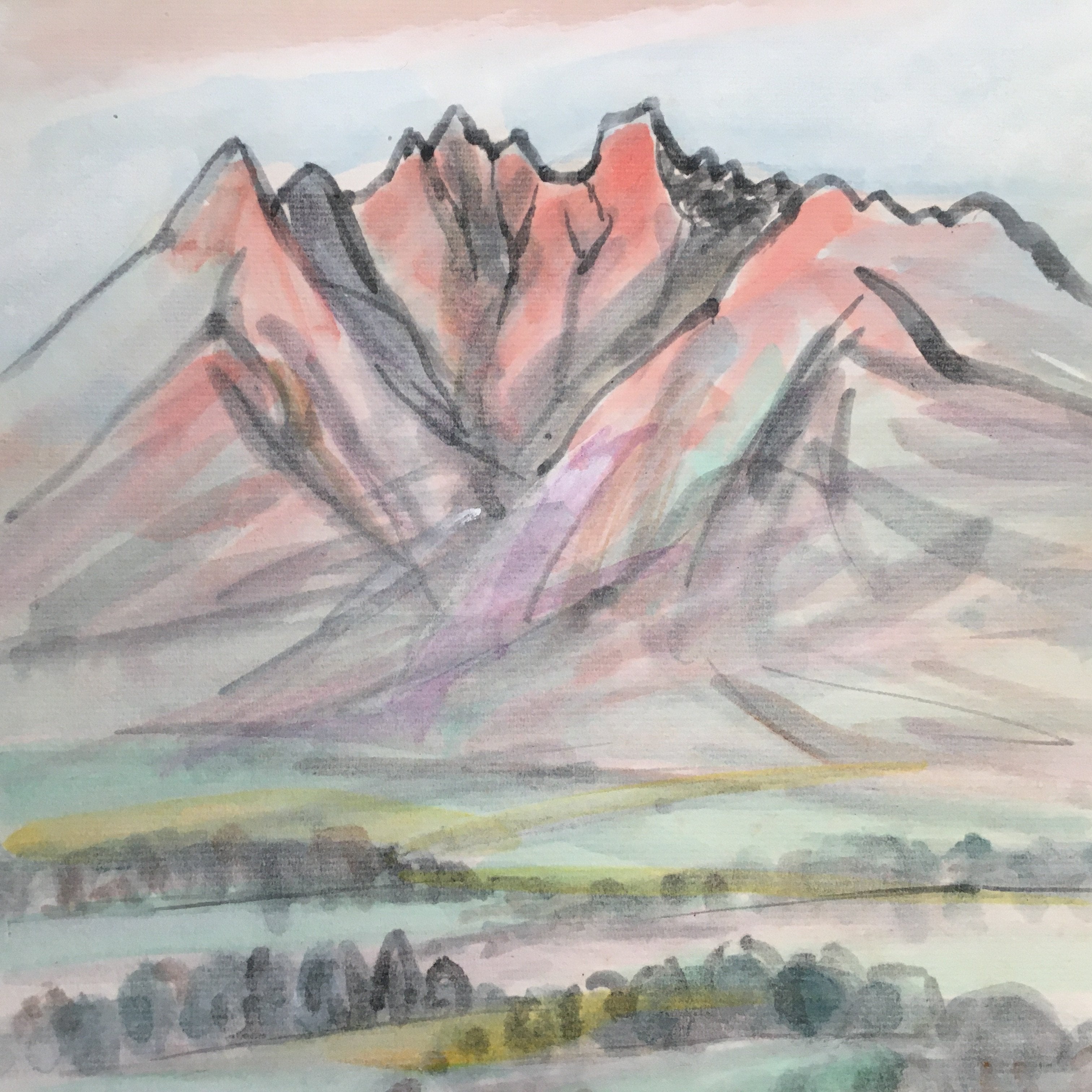 Japanese Art Board Vtg Shikishi Paper Hand-painted Mt.Aso Neko Mountain A291
