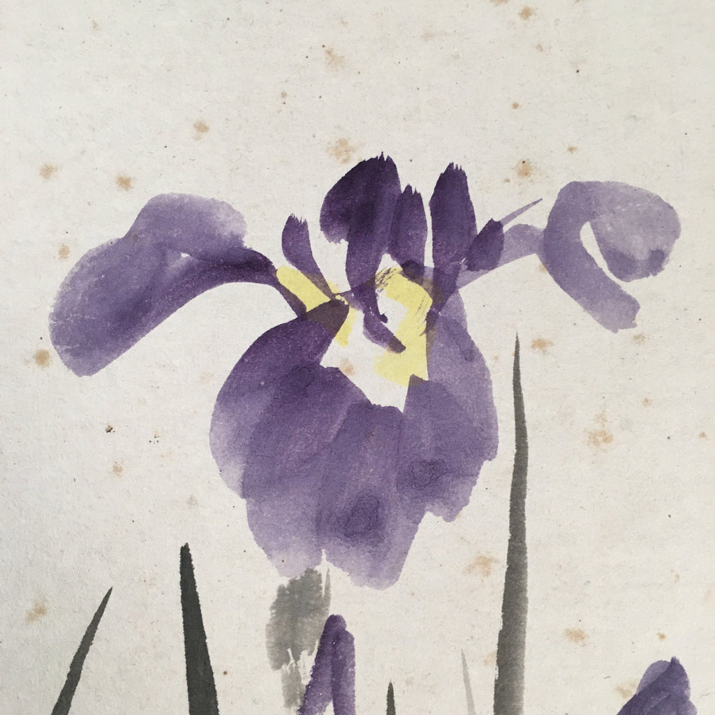 Japanese Art Board Vtg Shikishi Paper Hand-painted Purple Flower Iris A311