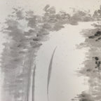 Japanese Art Board Vtg Shikishi Paper Hand-painted Sumie Black White Waterfall A