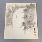 Japanese Art Board Vtg Shikishi Paper Hand-painted Sumie Black White Waterfall A