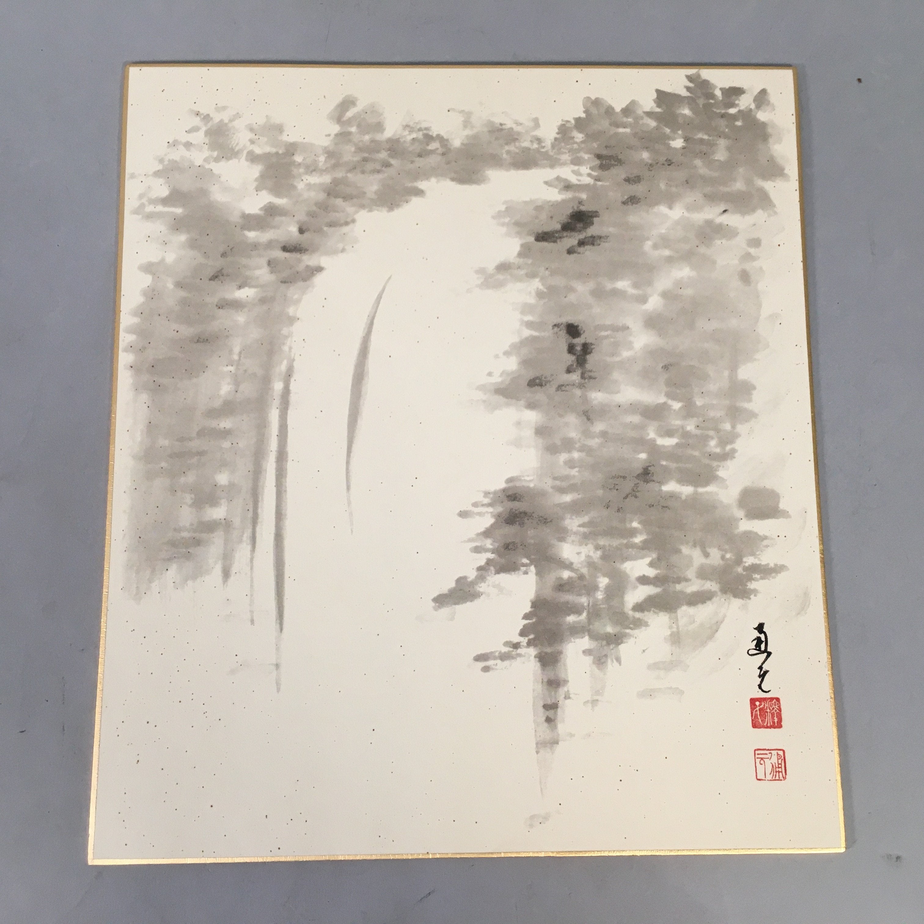 Japanese Art Board Vtg Shikishi Paper Hand-painted Sumie Black White Waterfall A