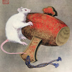 Japanese Art Board Vtg Shikishi Paper Print White Mouse Lucky Hammer A299