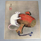 Japanese Art Board Vtg Shikishi Paper Print White Mouse Lucky Hammer A299