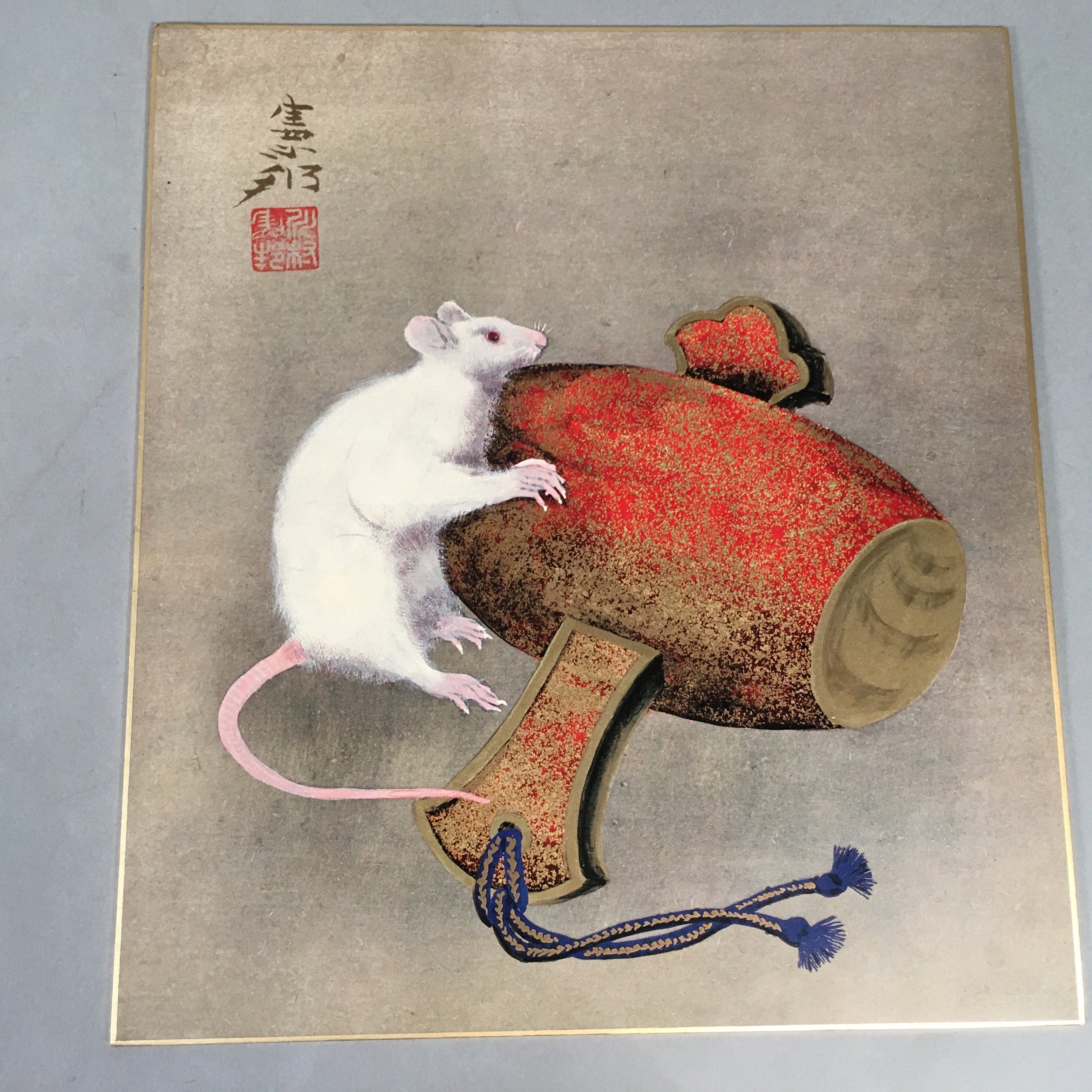 Japanese Art Board Vtg Shikishi Paper Print White Mouse Lucky Hammer A299