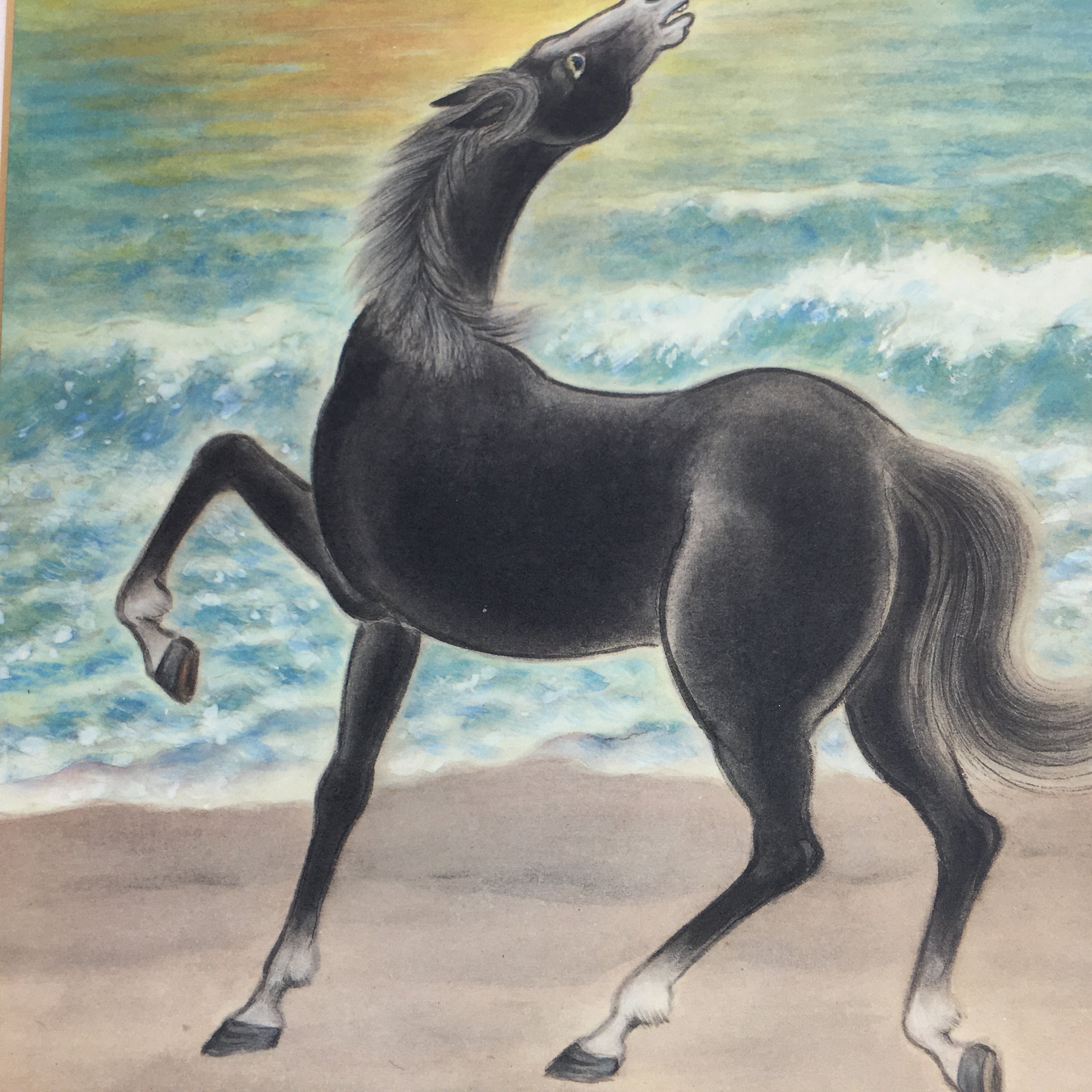 Japanese Art Board Vtg Shikishi Paper Printed Black Horse Sunset Beach A338