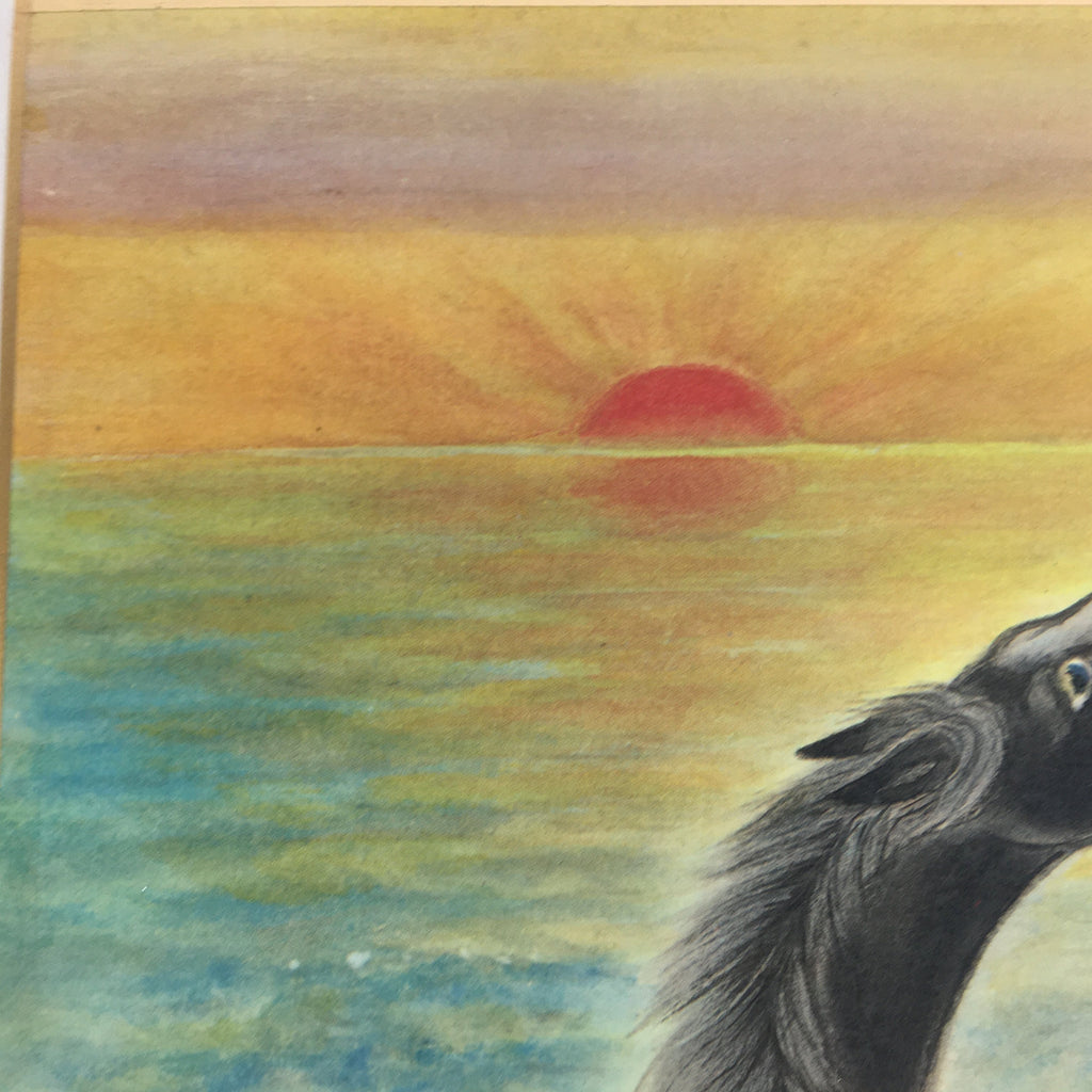 Japanese Art Board Vtg Shikishi Paper Printed Black Horse Sunset Beach A338