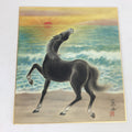 Japanese Art Board Vtg Shikishi Paper Printed Black Horse Sunset Beach A338