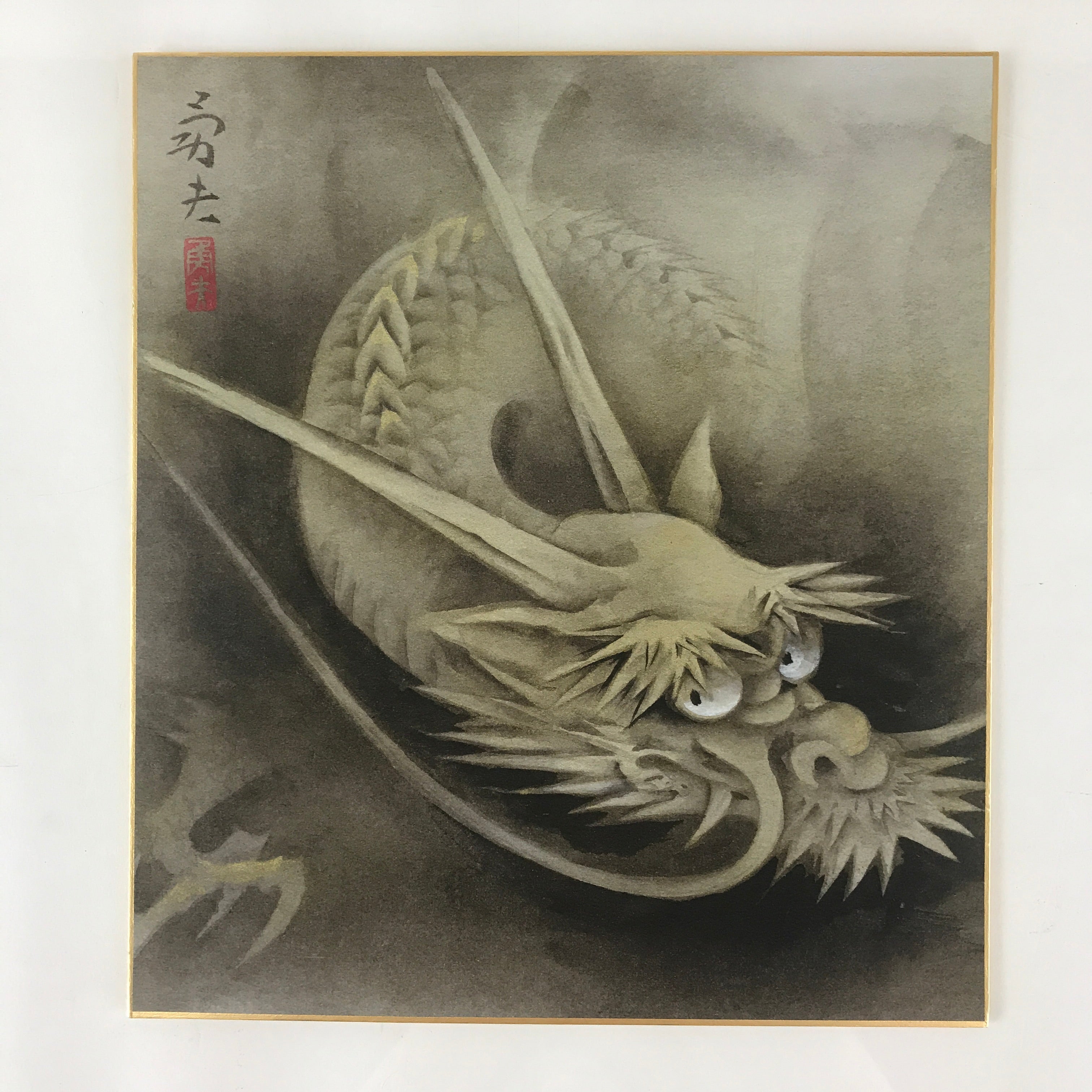 Japanese Art Board Vtg Shikishi Paper Printed Picture Dragon Black A467