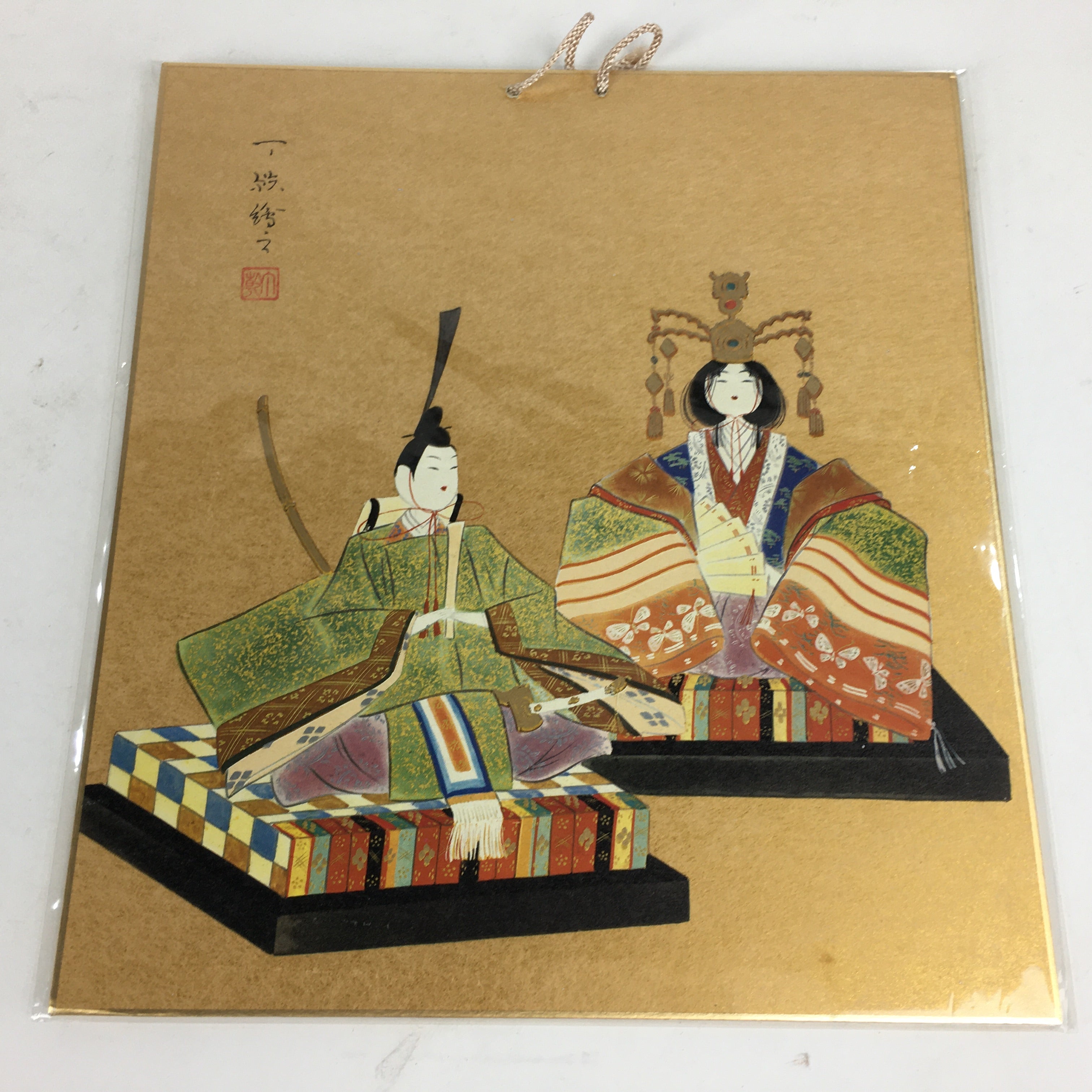 Japanese Art Board Vtg Shikishi Paper Printed Picture Hina Doll Gold Paper A393