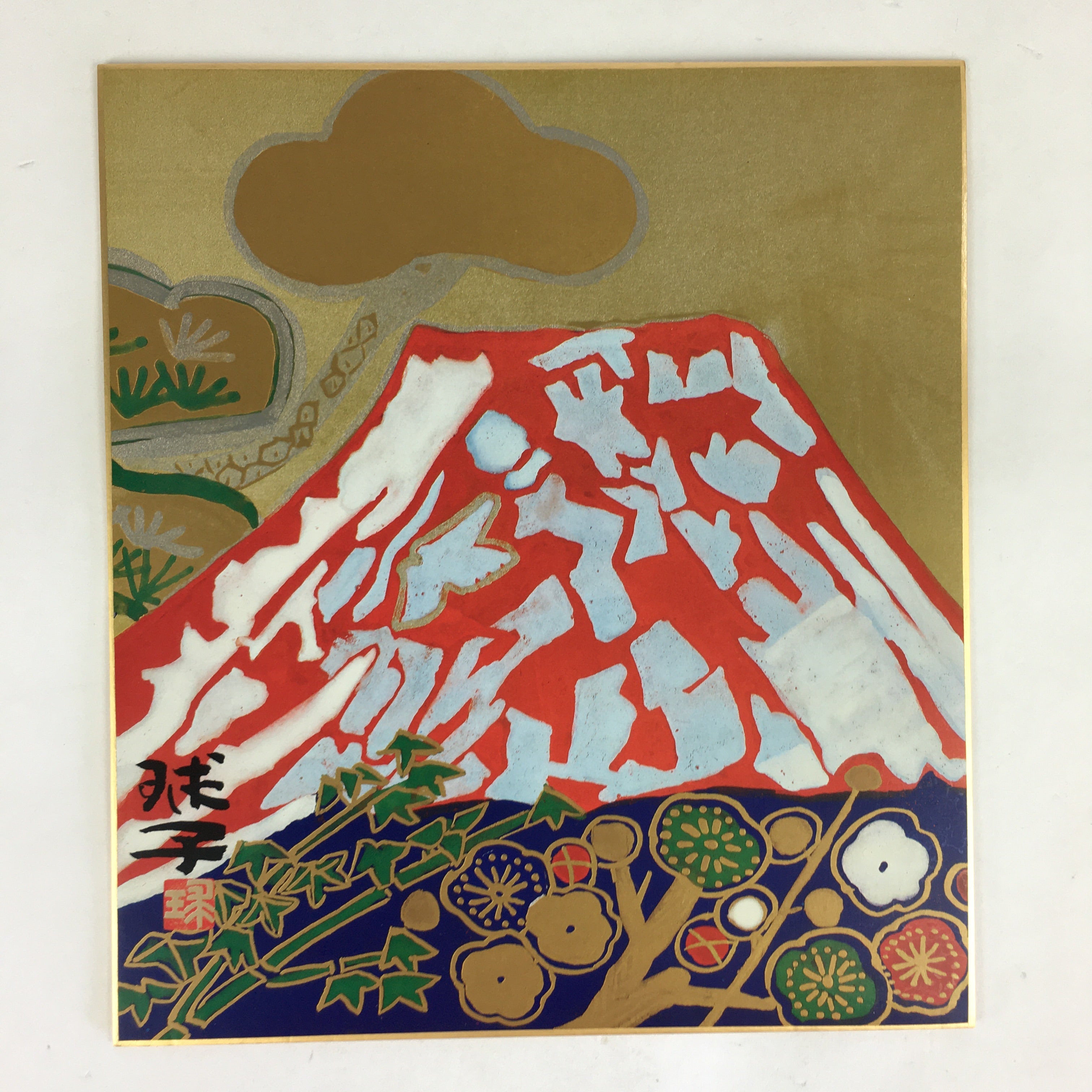 Japanese Art Board Vtg Shikishi Paper Printed Picture Mountain Bamboo A410