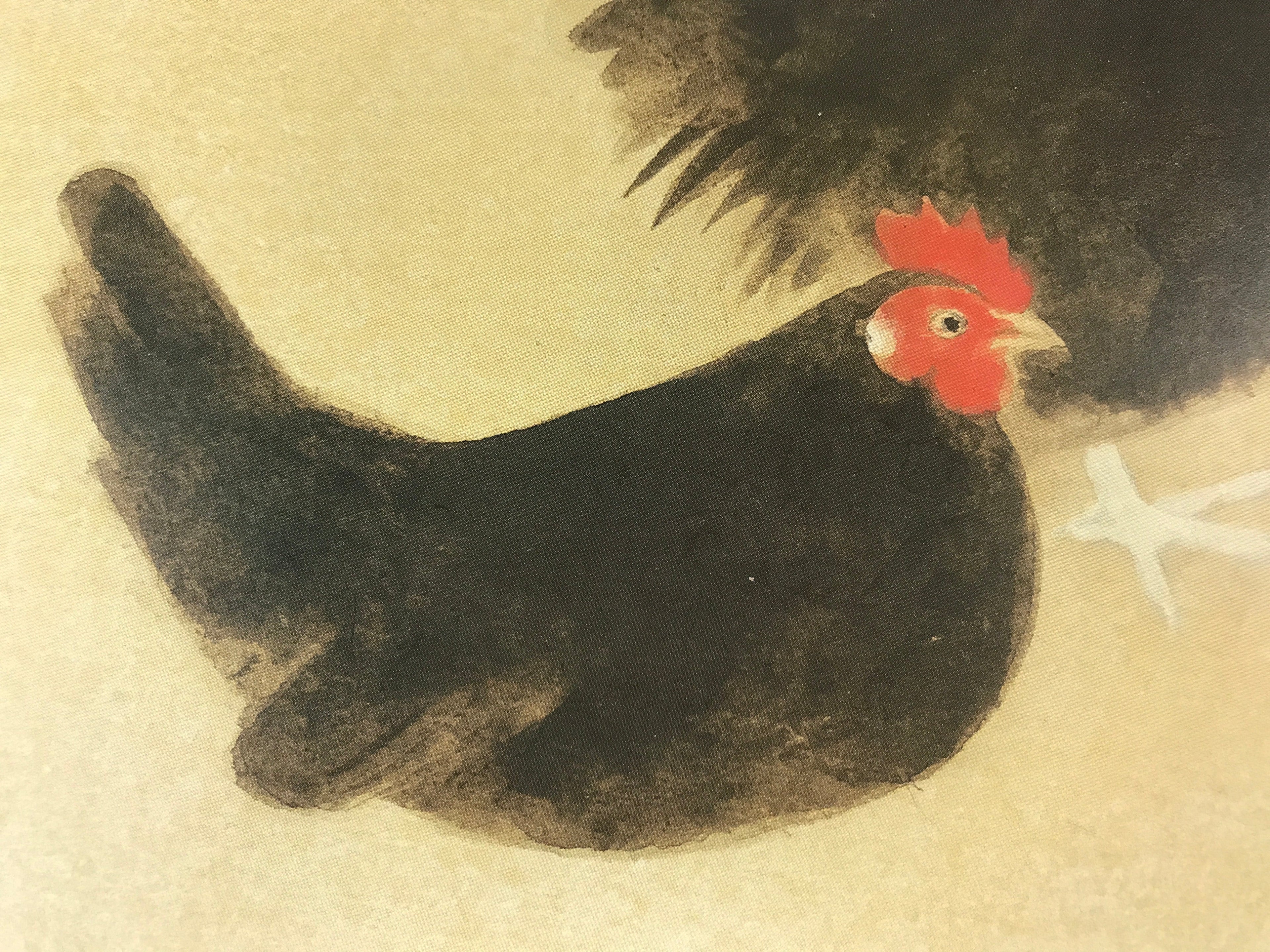 Japanese Art Board Vtg Shikishi Paper Printed Picture Pair Of Chickens A461