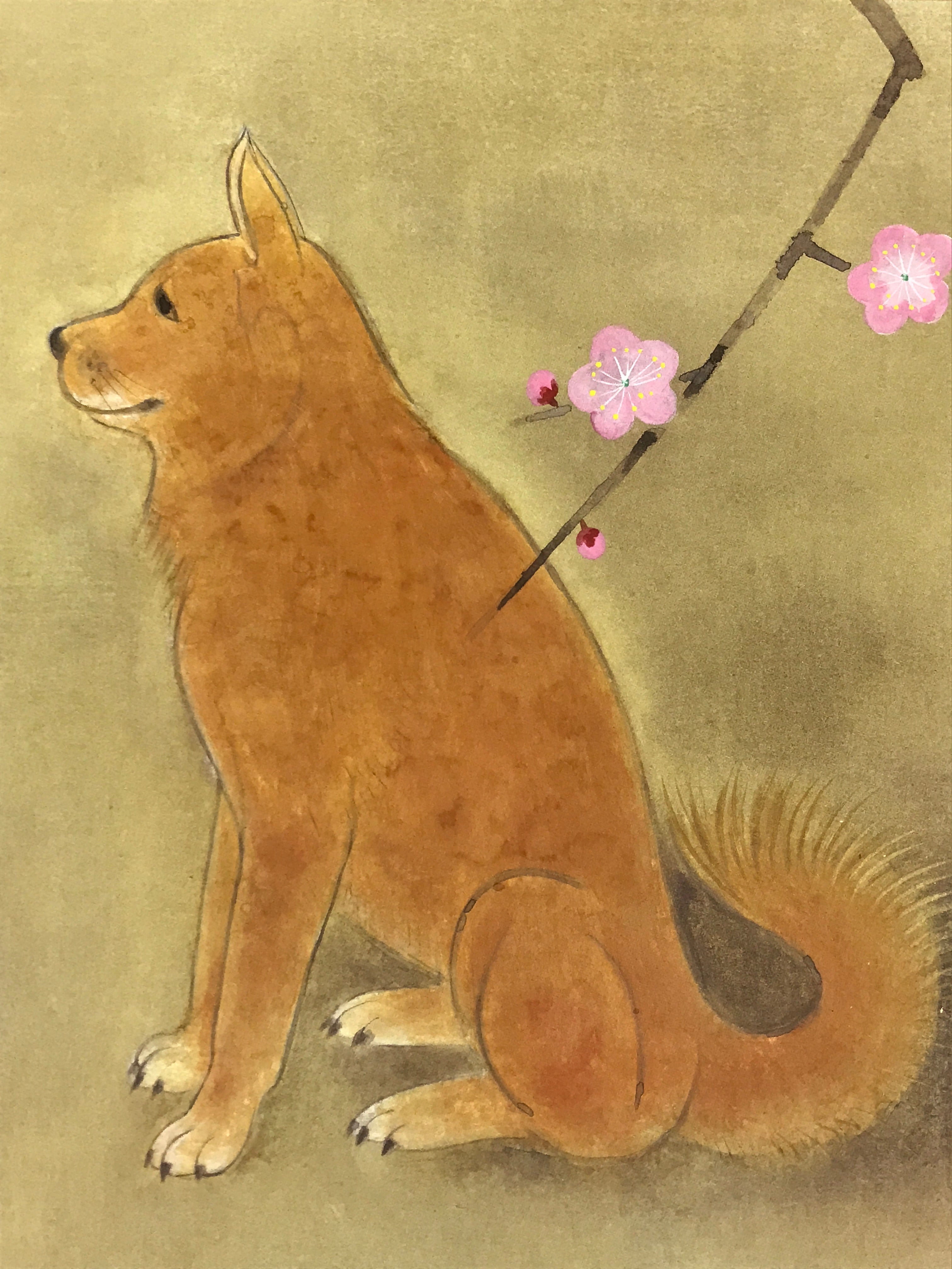 Japanese Art Board Vtg Shikishi Paper Printed Picture Plum Blossom Dog A460