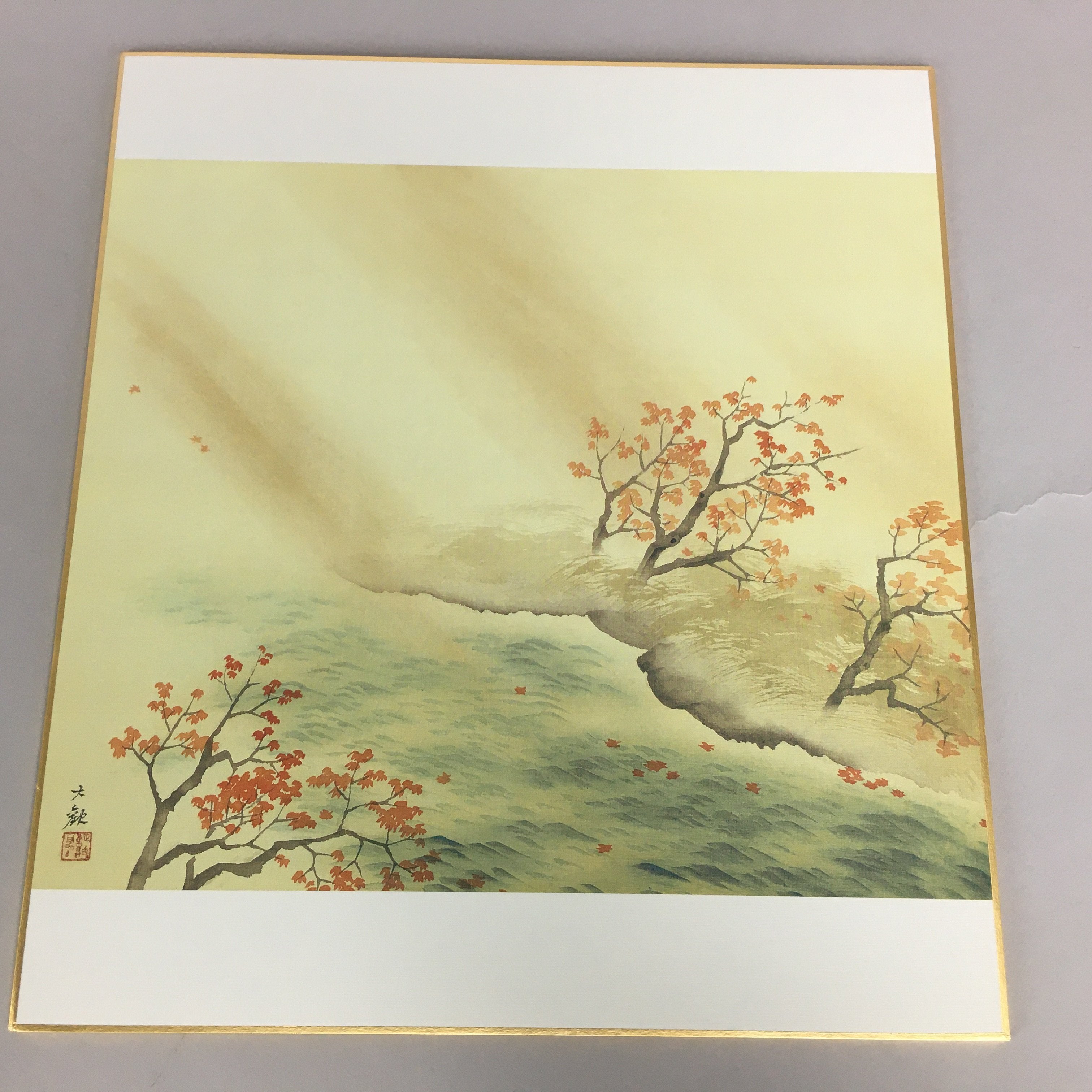 Japanese Art Board Vtg Shikishi Paper Printed Picture River Autumn Scenery A318